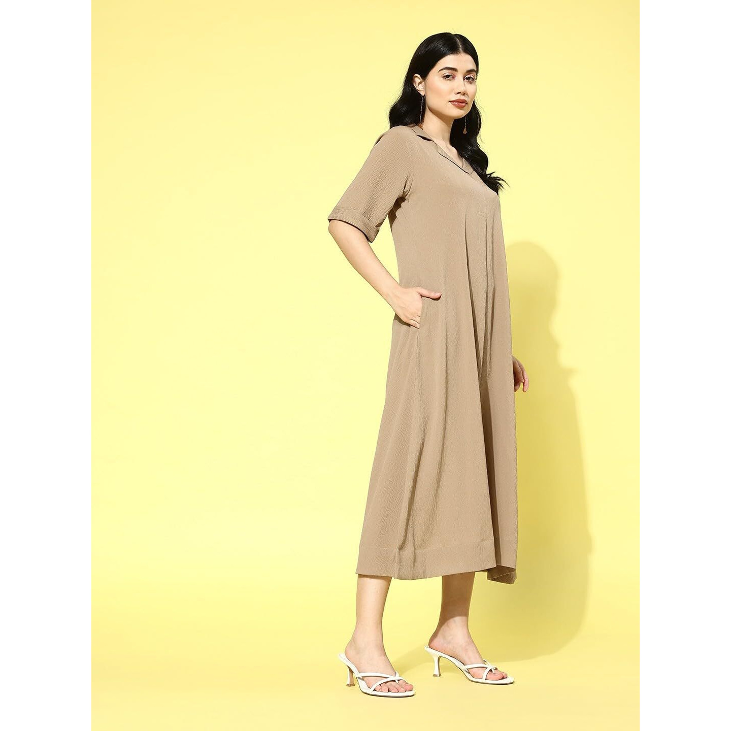 Varanga Women Beige Shirt Collar A-Line Dress  Stylish Calf Length Short Sleeves Dress For Comfortable Everyday Wear, Women Kurtis Latest Fashion (Double Extra Large)