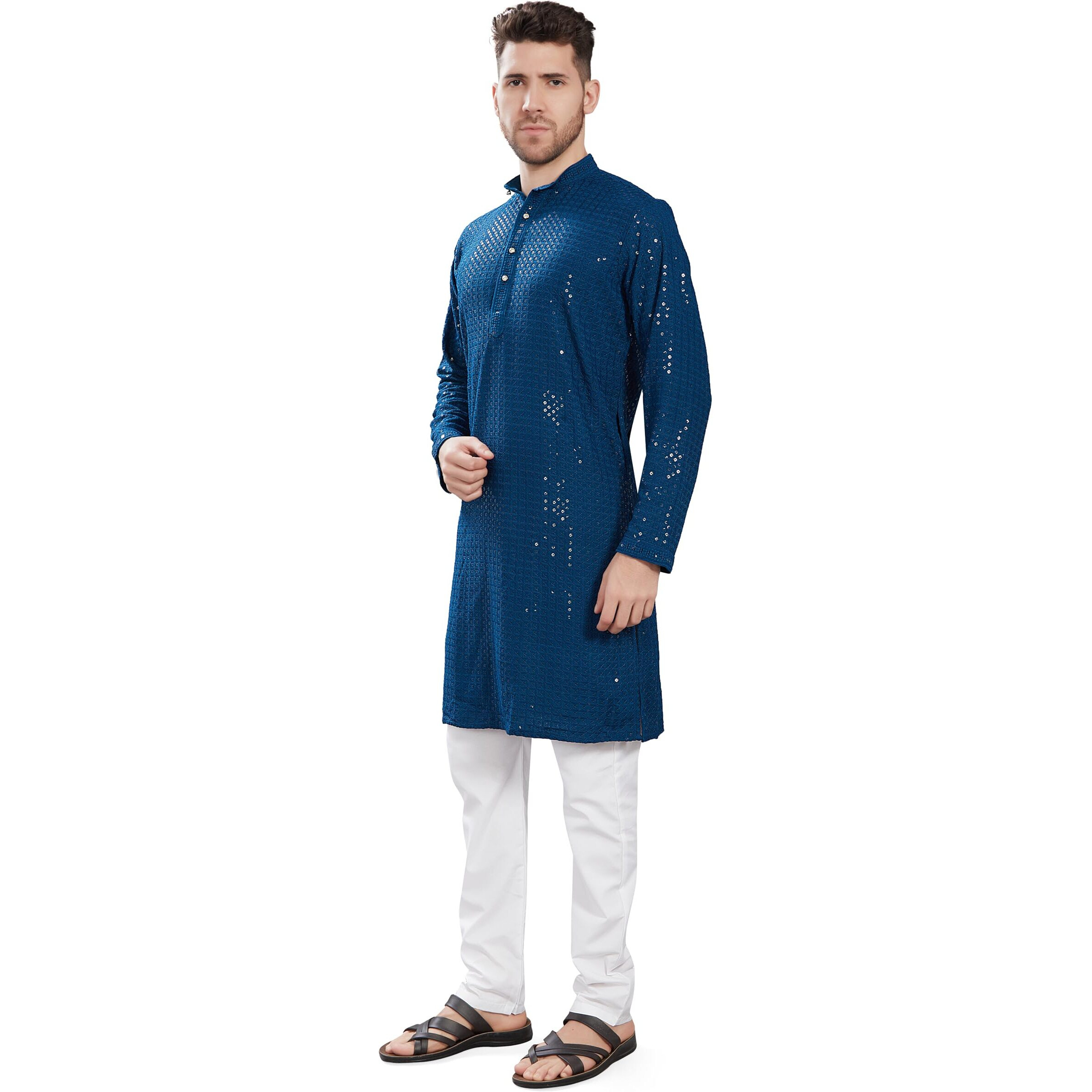 Divisive Men's Sequince Embroidered Cotton Blend Only Slim Fit Kurta (Dkrt746_L_Aqua Blue)