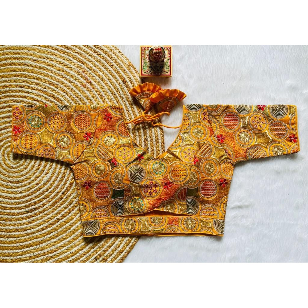 Vihu Fashion Women's Blouse Readymade Blouse Embroidery Multi Coding Gold Thread Blouses Handwork Yellow Color Readymade Saree Blouse For Women For Saree And Lehenga Choli (Vf2420 Yellow 42)