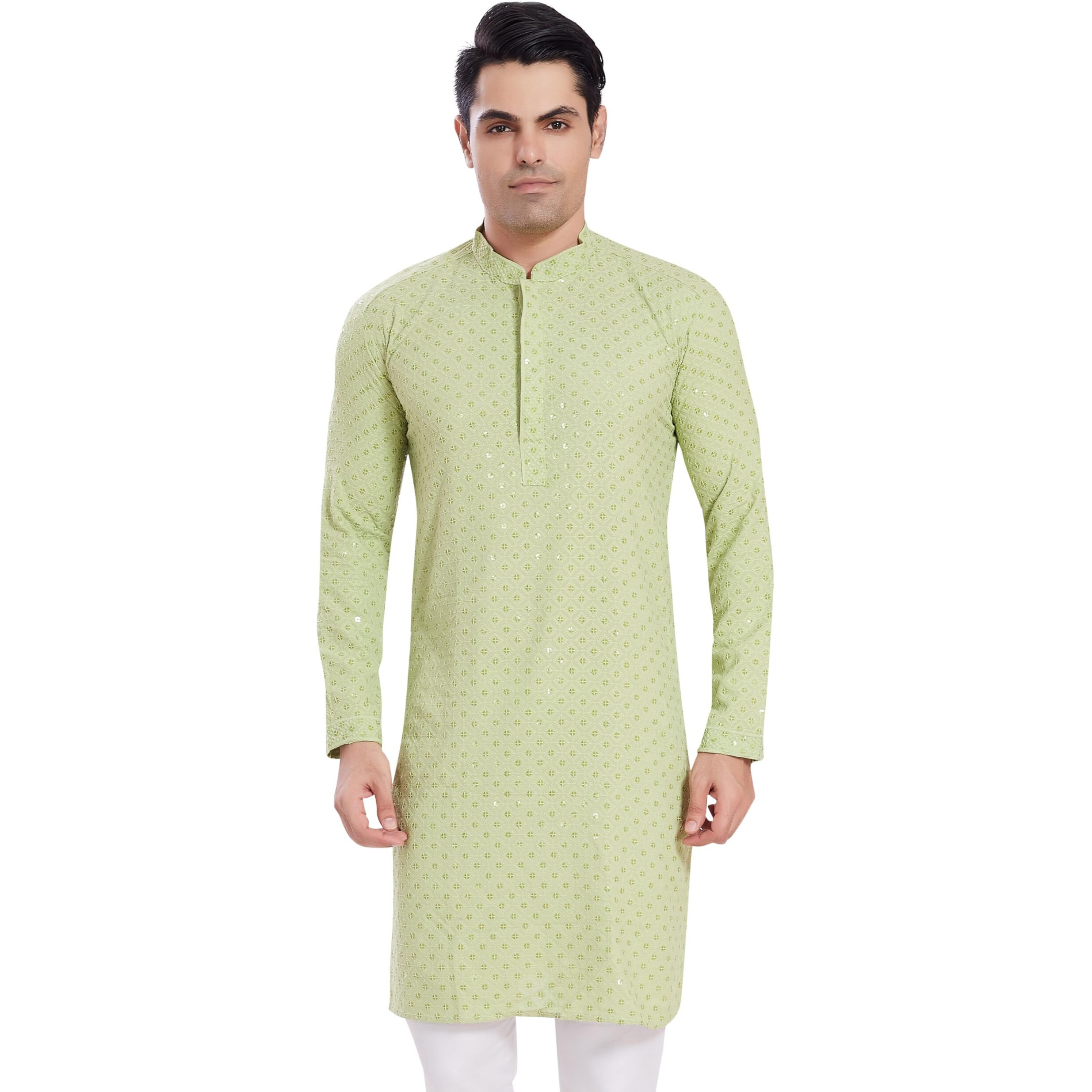 Divisive Men's Sequince Embroidered Cotton Blend Only Slim Fit Kurta (Dkrt526_M_Pista)