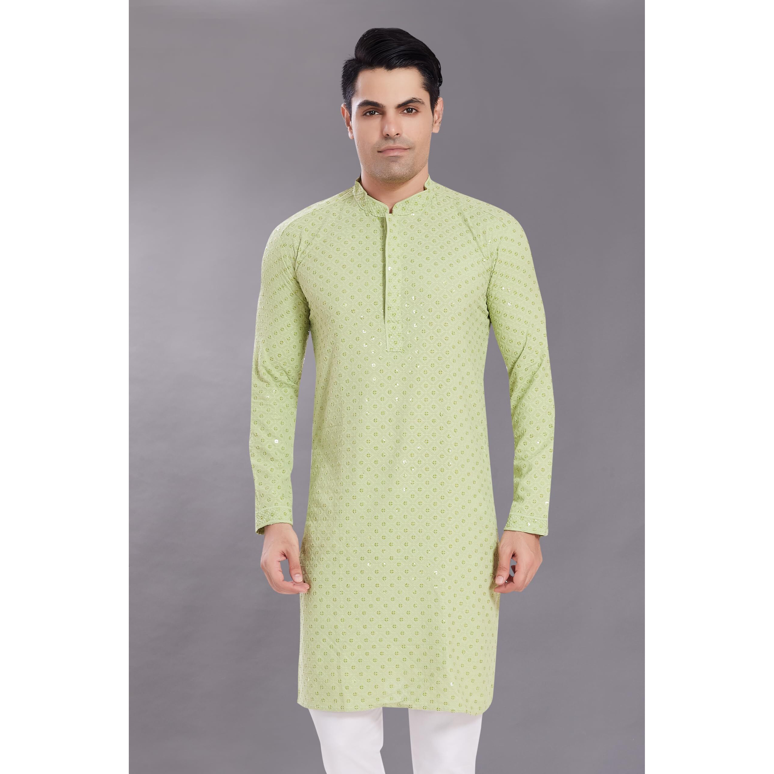 Divisive Men's Sequince Embroidered Cotton Blend Only Slim Fit Kurta (Dkrt526_M_Pista)