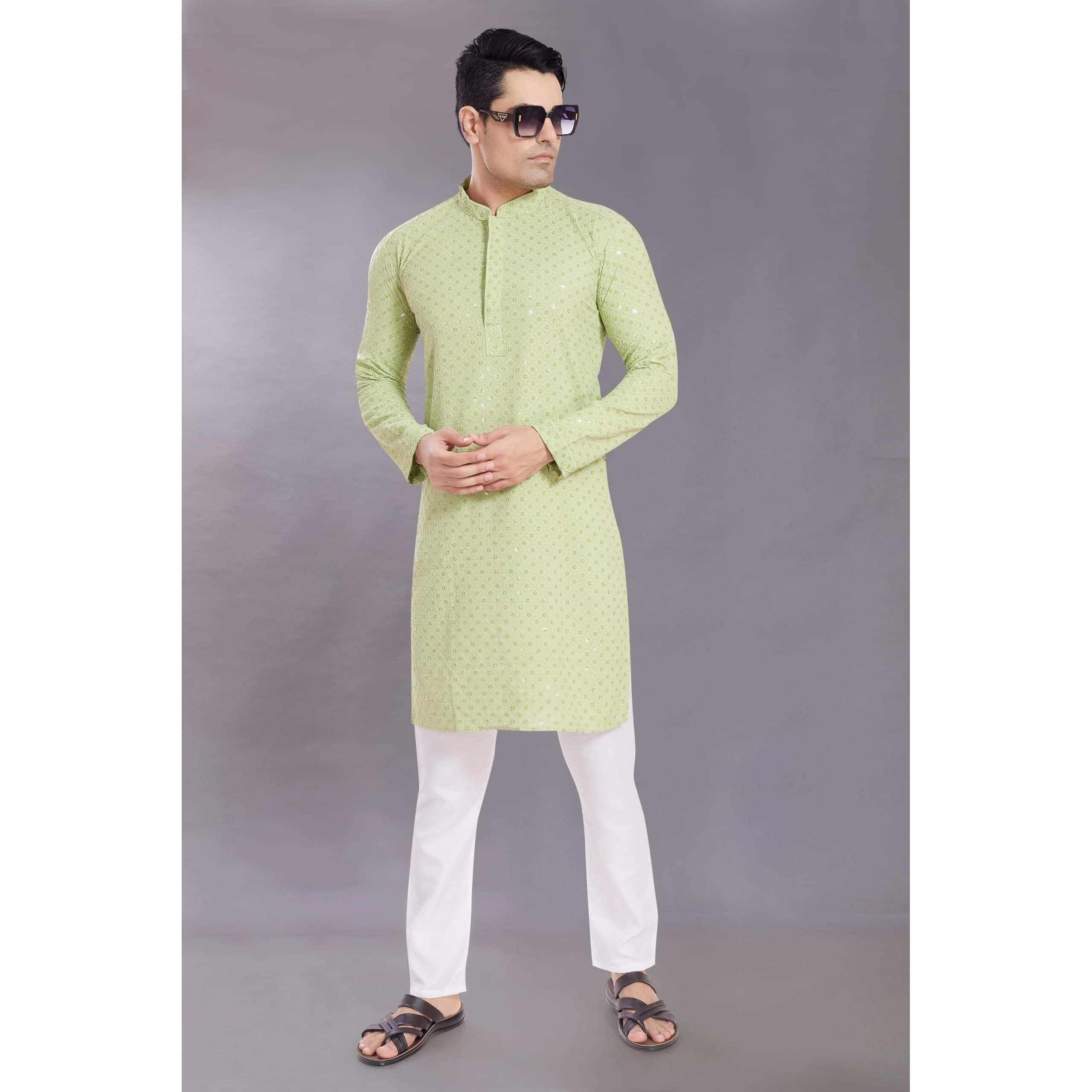 Divisive Men's Sequince Embroidered Cotton Blend Only Slim Fit Kurta (Dkrt526_M_Pista)