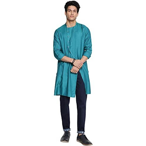 Fabindia Men's Viscose Silk Solids Slim Kurta (102587601_Teal