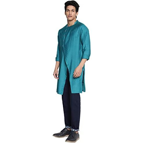 Fabindia Men's Viscose Silk Solids Slim Kurta (102587601_Teal