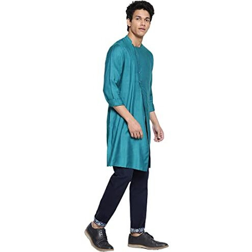 Fabindia Men's Viscose Silk Solids Slim Kurta (102587601_Teal