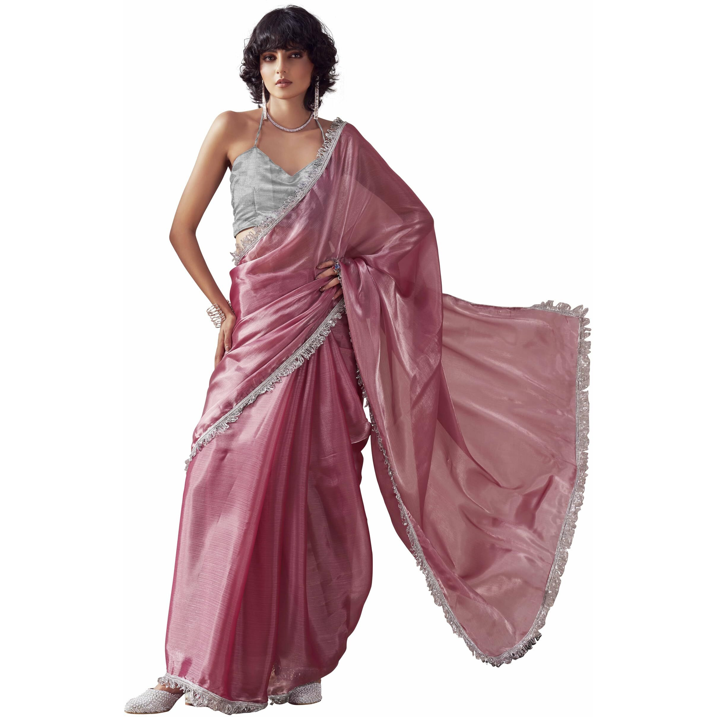 Womanista Women's Women Jimmychoo Saree Ll Women Embellished Lace Saree Ll Women Pink Saree Ll Un-Stitched Blouse Saree