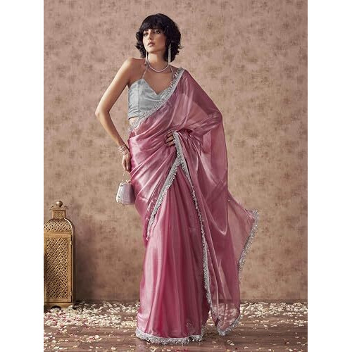 Womanista Women's Women Jimmychoo Saree Ll Women Embellished Lace Saree Ll Women Pink Saree Ll Un-Stitched Blouse Saree