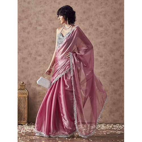 Womanista Women's Women Jimmychoo Saree Ll Women Embellished Lace Saree Ll Women Pink Saree Ll Un-Stitched Blouse Saree