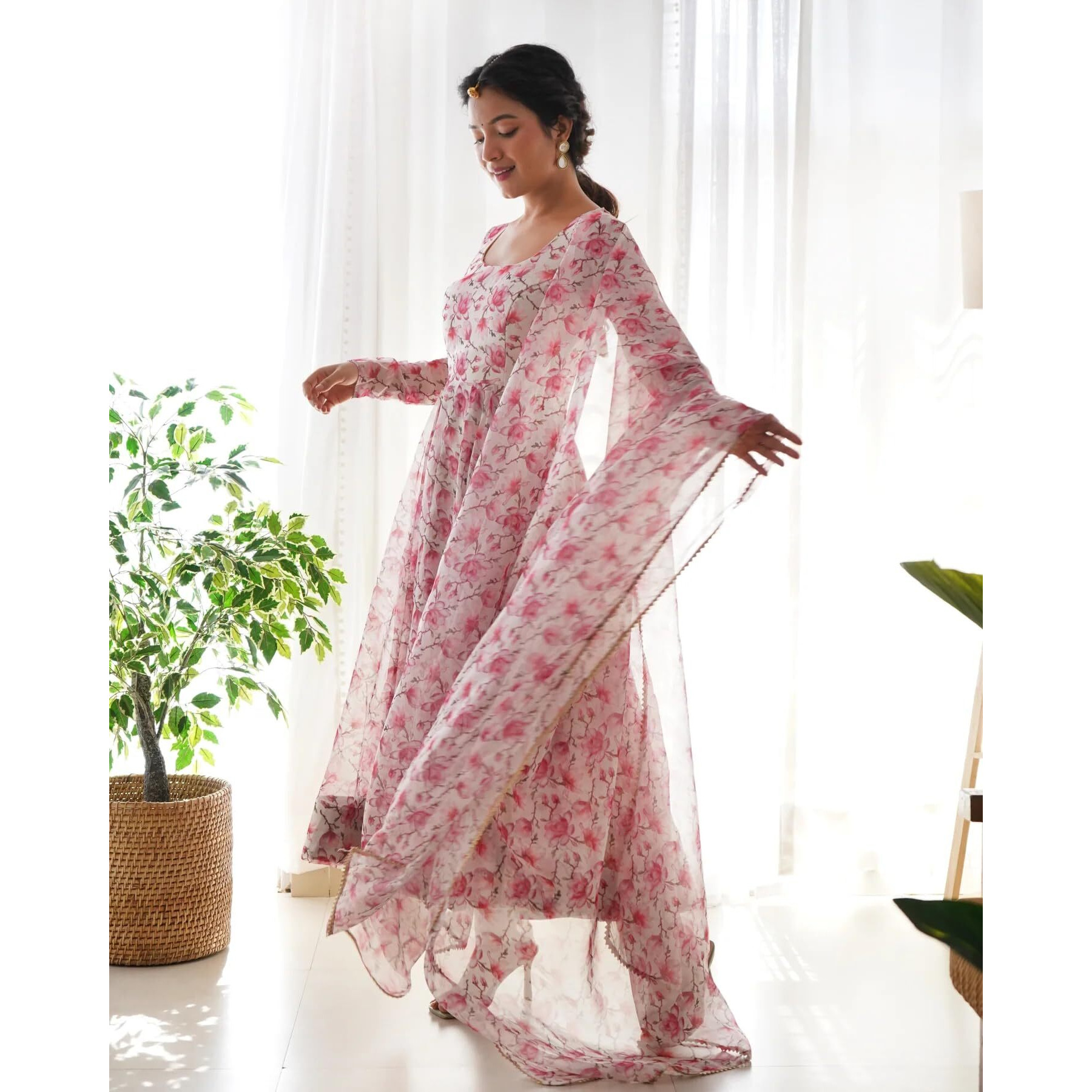 Fashion Basket Floral Print Anarkali Kurta With Pant And Dupatta (M, Pink)