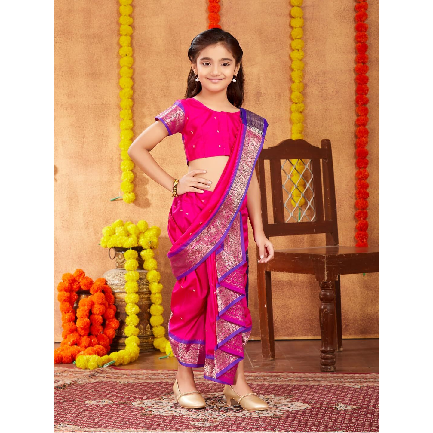 Aarika Girls Ethnic Wear Rani Colour Mastani Silk Saree (3-9 Years)