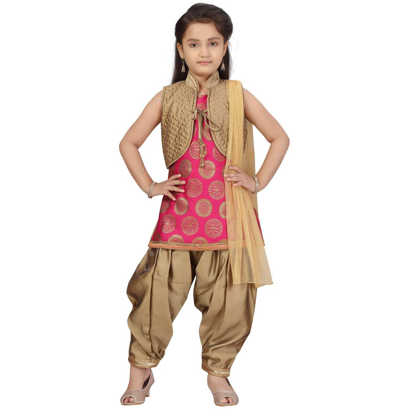 Aarika Girl's Silk Salwar Suit Set (Pt-18306_Rani, Gold_32)