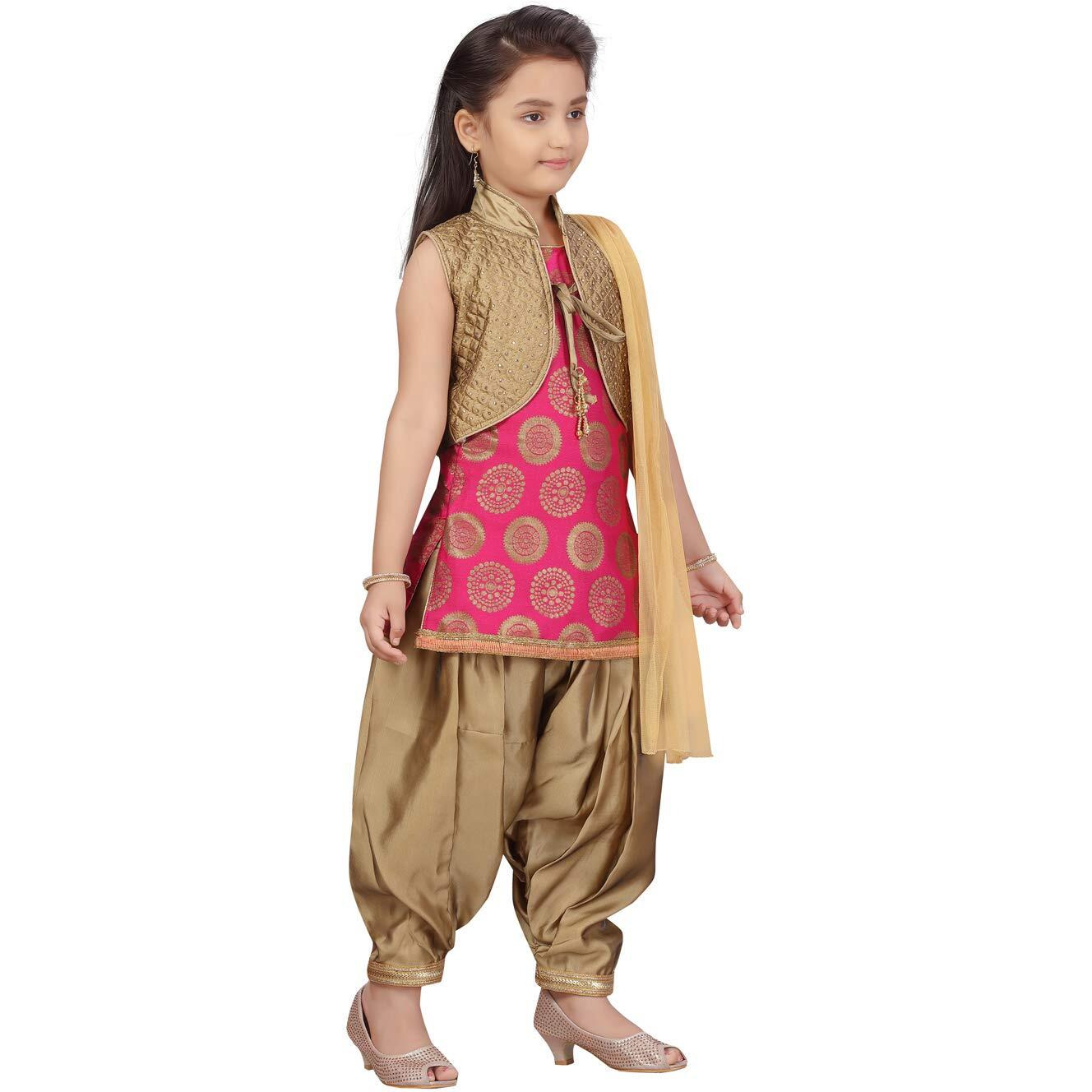 Aarika Girl's Silk Salwar Suit Set (Pt-18306_Rani, Gold_32)
