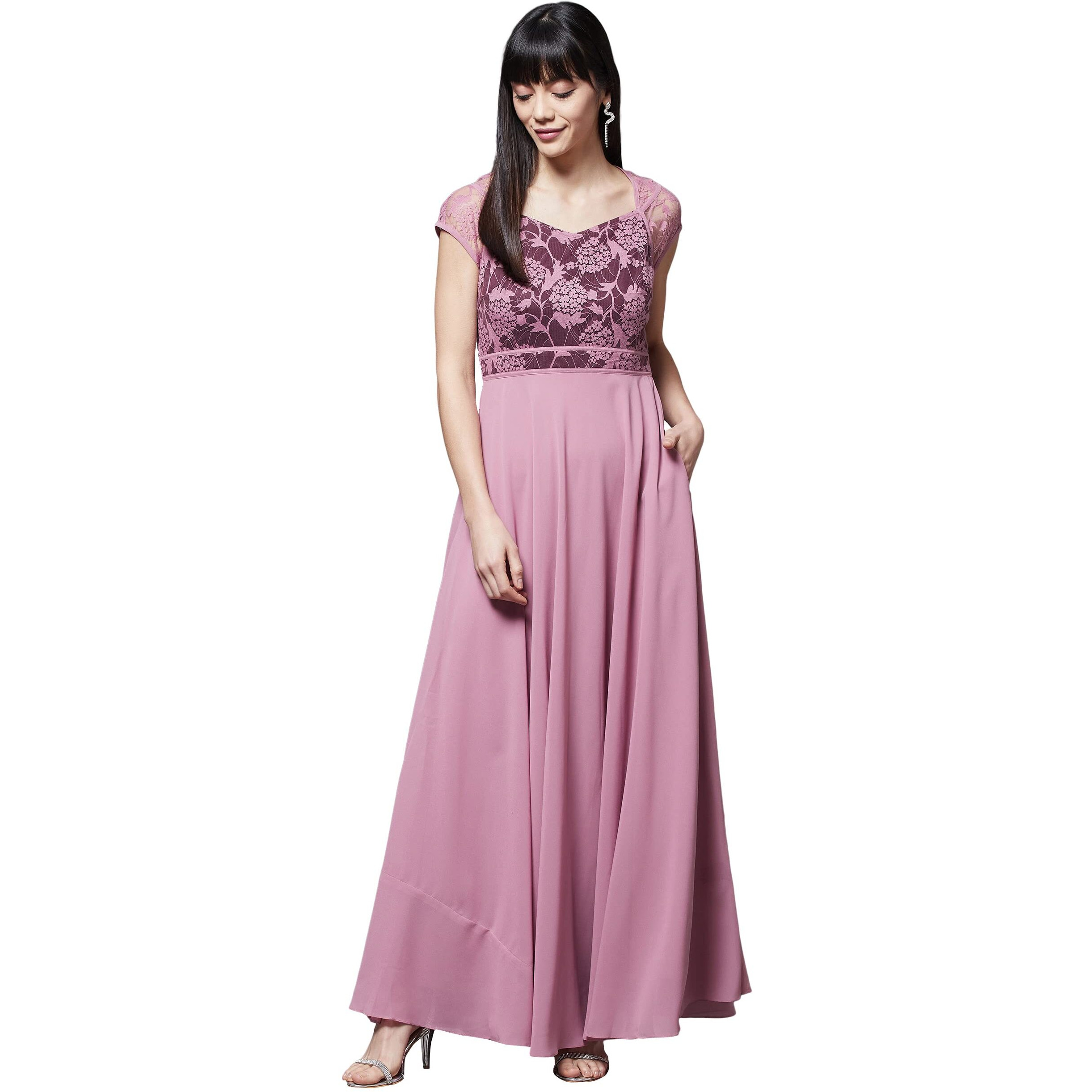 Miss Chase Women's Lavender & Wine V-Neck Cap Sleeves Floral Lace Fit & Flare Maxi Dress (Mcss21D06-11-249-03, Lavender & Wine, S)