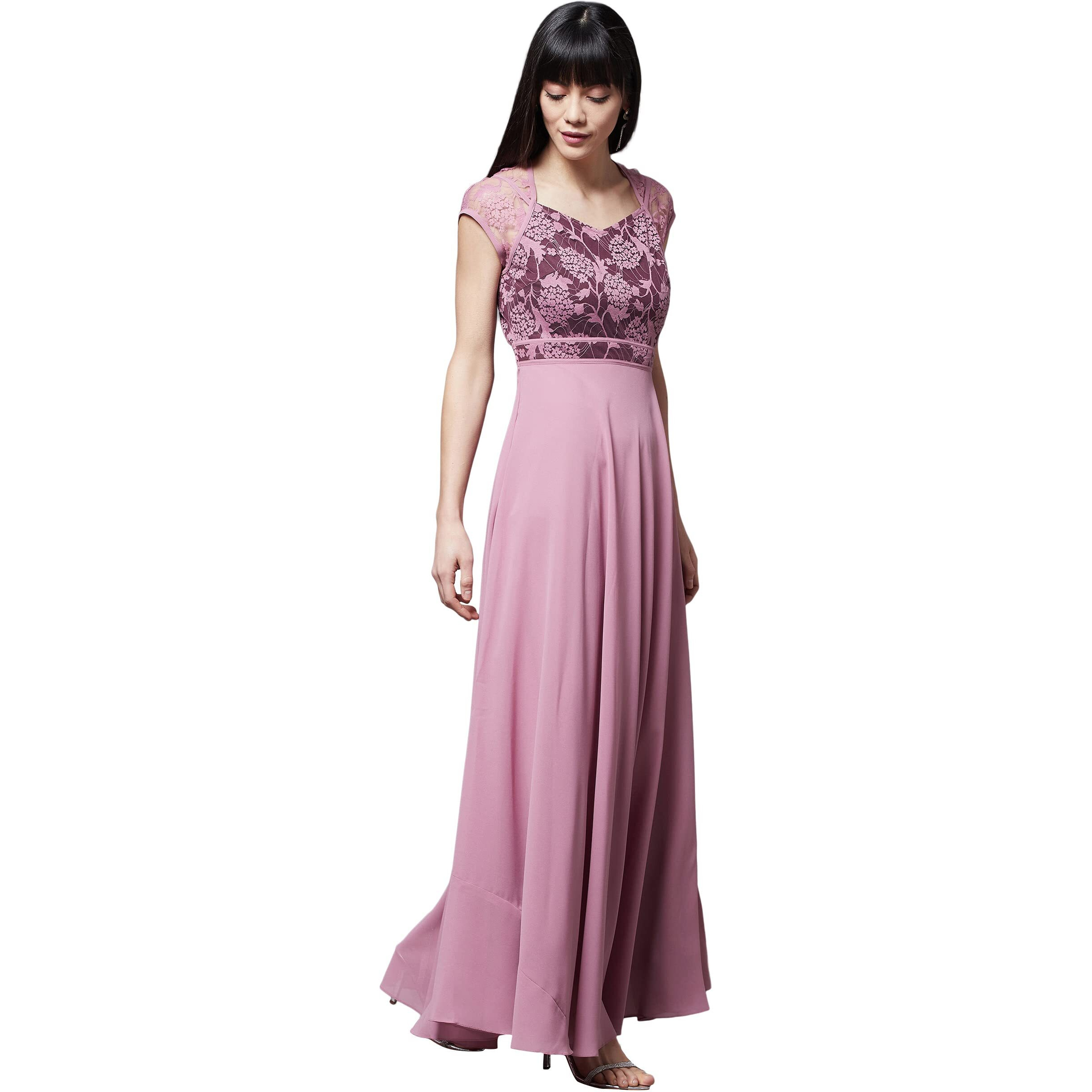 Miss Chase Women's Lavender & Wine V-Neck Cap Sleeves Floral Lace Fit & Flare Maxi Dress (Mcss21D06-11-249-03, Lavender & Wine, S)
