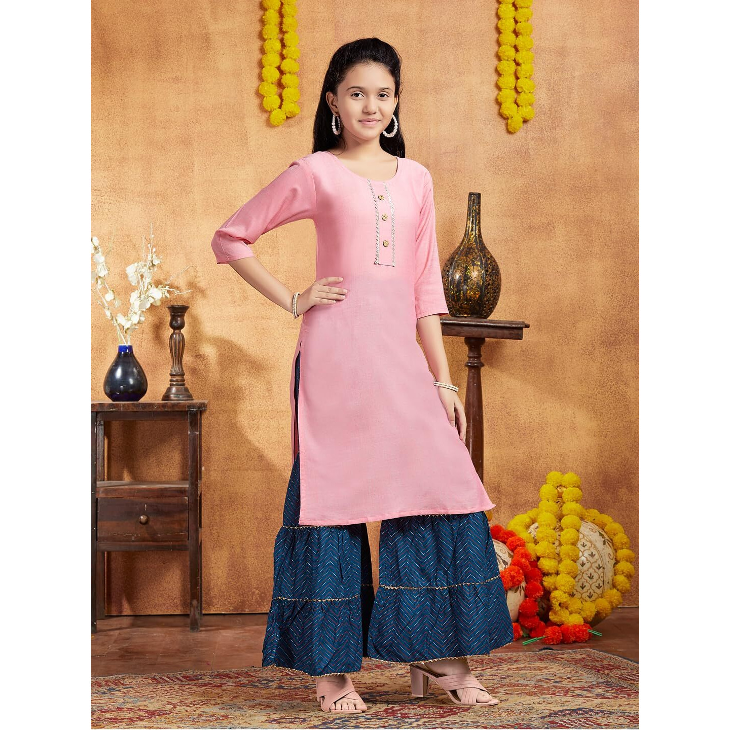 Aarika Girls Casual Wear Peach Colour Solid Lace Work Cotton Kurti (9-16 Years)
