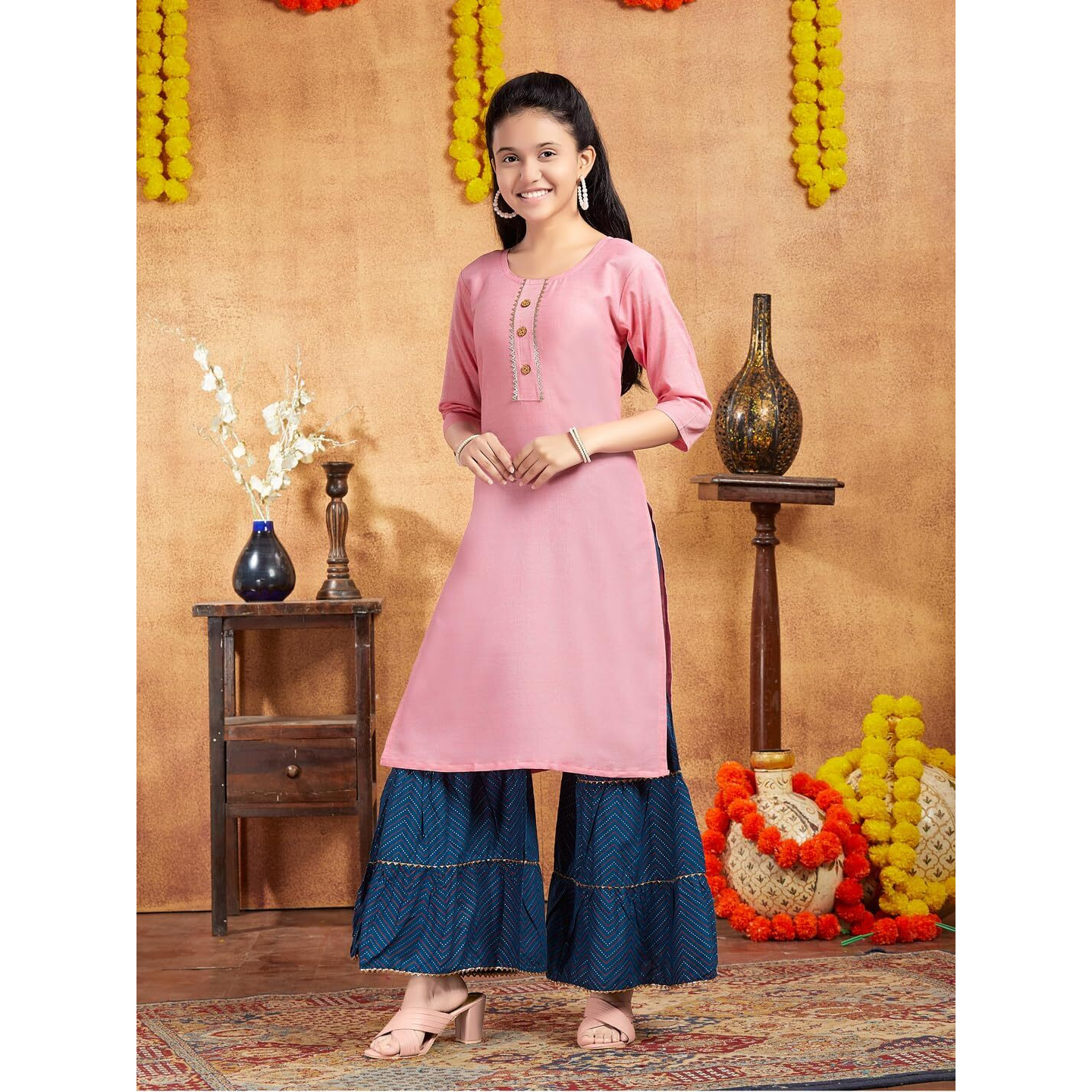 Aarika Girls Casual Wear Peach Colour Solid Lace Work Cotton Kurti (9-16 Years)