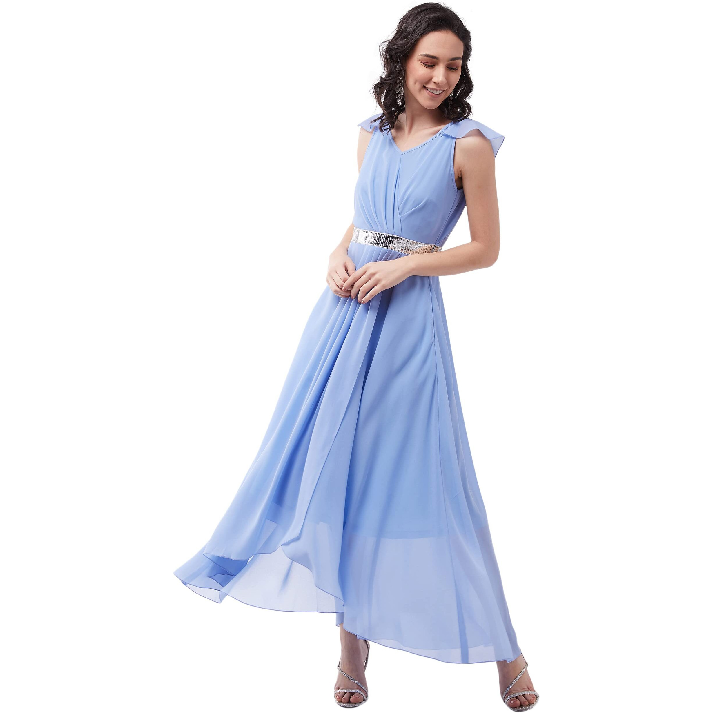 Miss Chase Women's Powder Blue V-Neck Ruffled Sleeve Solid Embellished Maxi Dress (Mcaw21D06-17-167-04,Powder Blue,M)