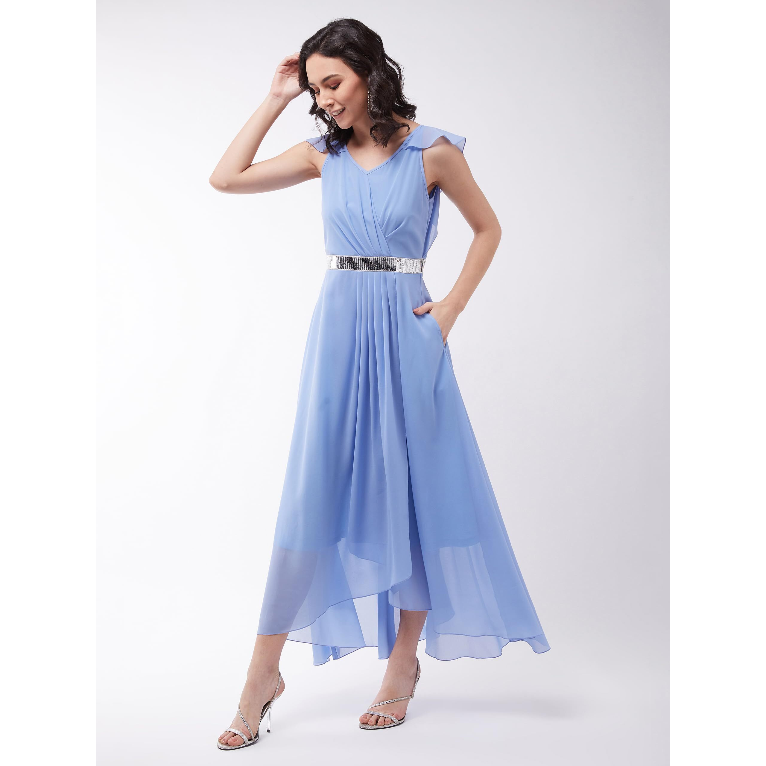 Miss Chase Women's Powder Blue V-Neck Ruffled Sleeve Solid Embellished Maxi Dress (Mcaw21D06-17-167-04,Powder Blue,M)