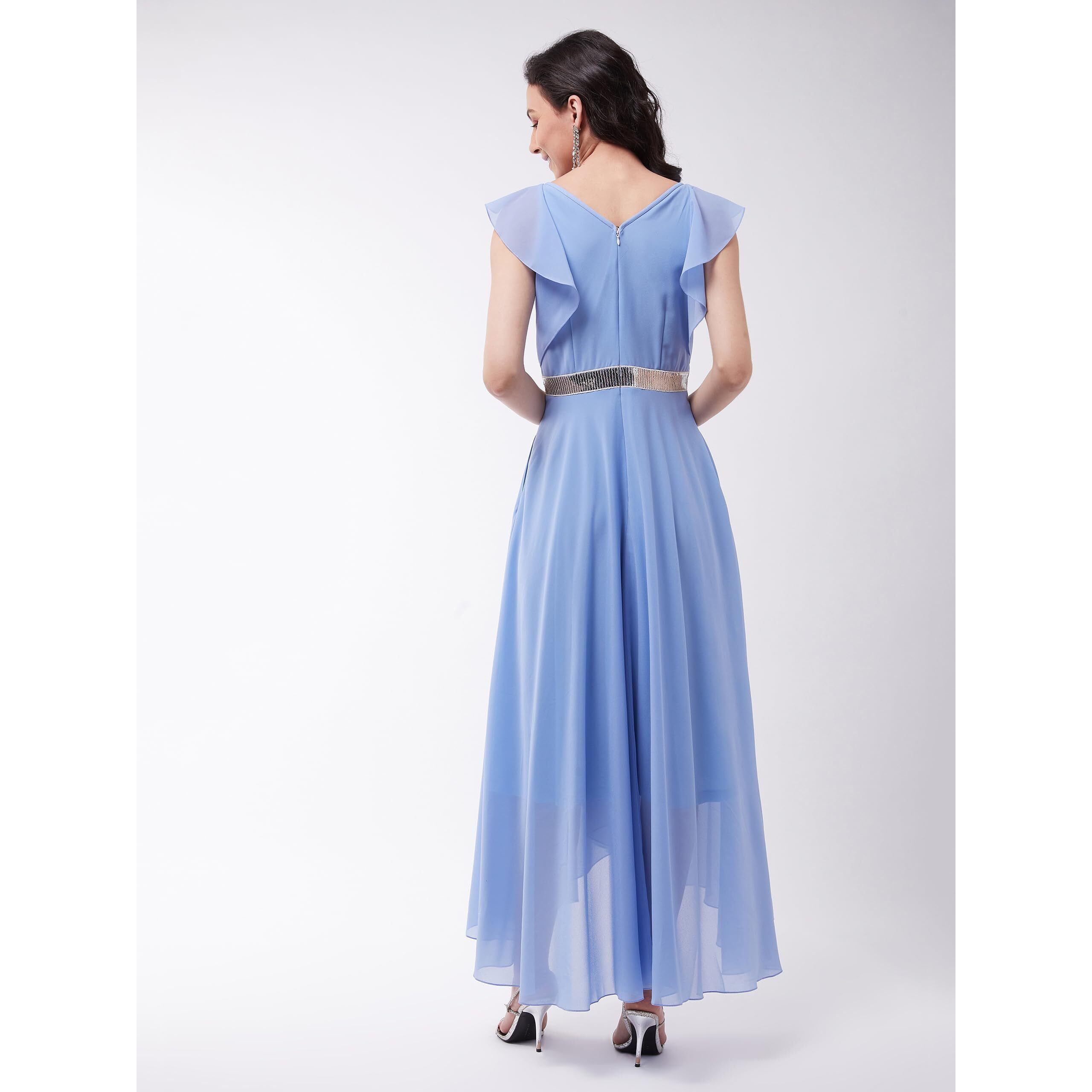 Miss Chase Women's Powder Blue V-Neck Ruffled Sleeve Solid Embellished Maxi Dress (Mcaw21D06-17-167-04,Powder Blue,M)