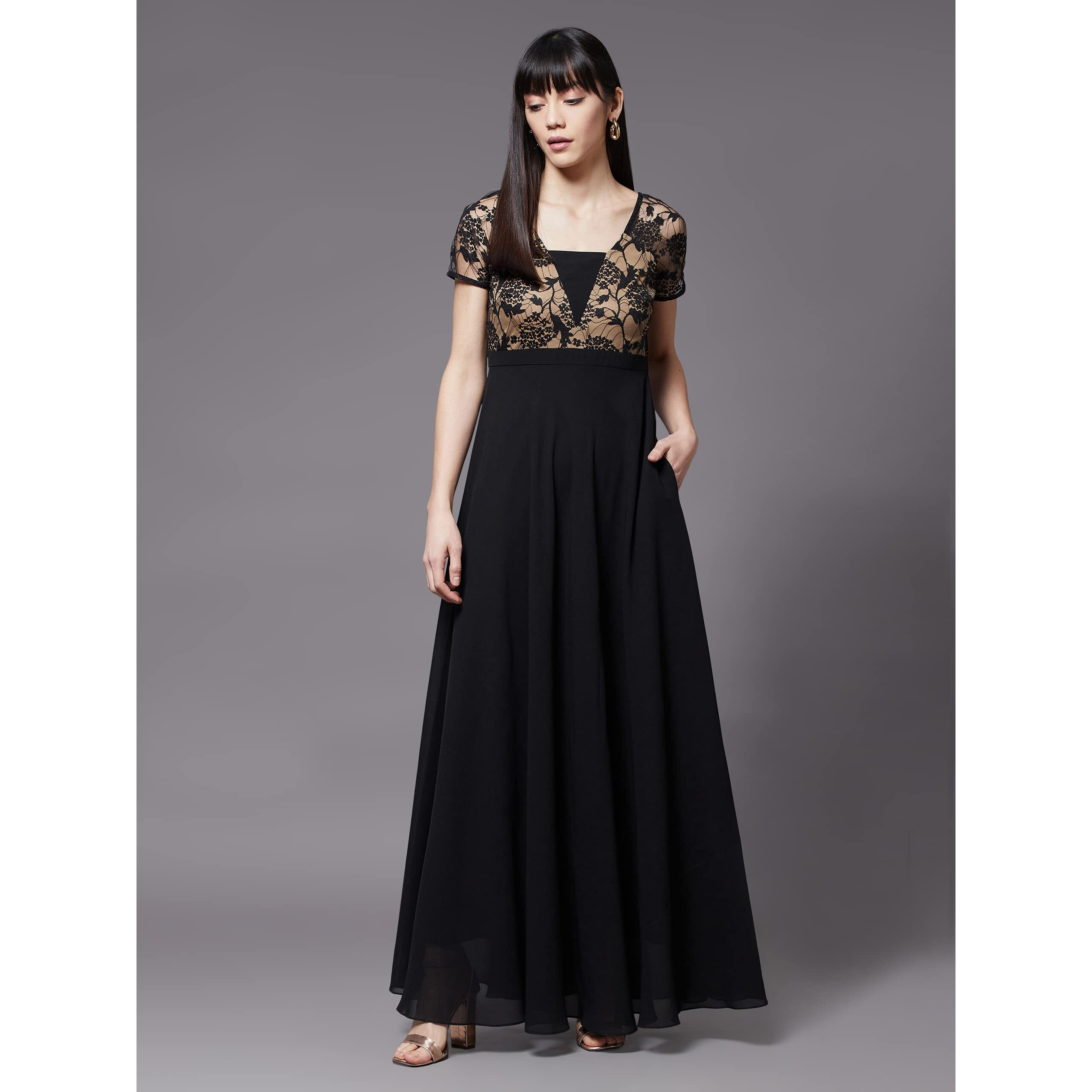 Miss Chase Women's Black Square Neck Short Sleeve Self Design Lace Overlaid Georgette Maxi Dress (Mcss22D06-48-62-03, Black, S)