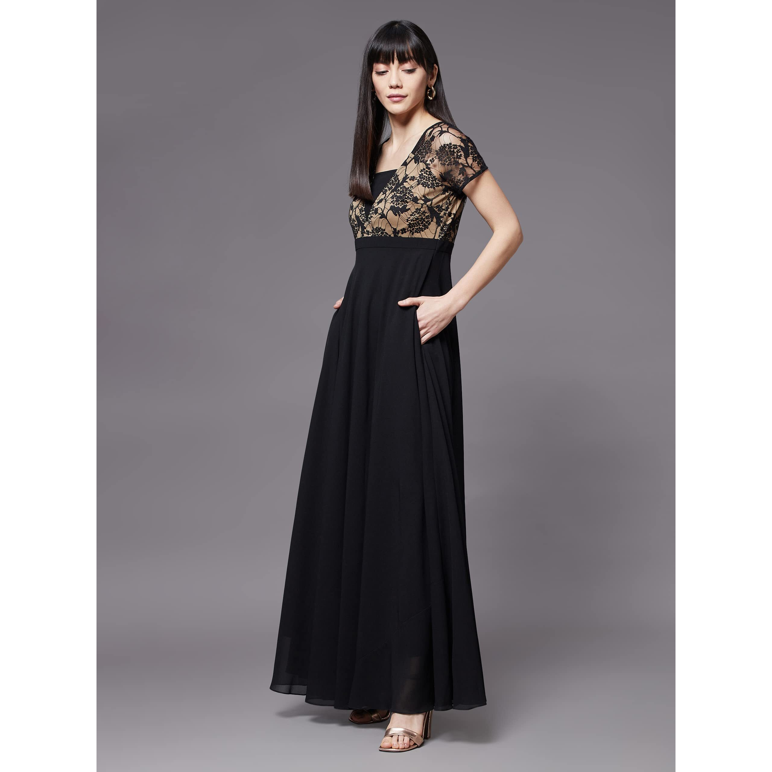 Miss Chase Women's Black Square Neck Short Sleeve Self Design Lace Overlaid Georgette Maxi Dress (Mcss22D06-48-62-03, Black, S)