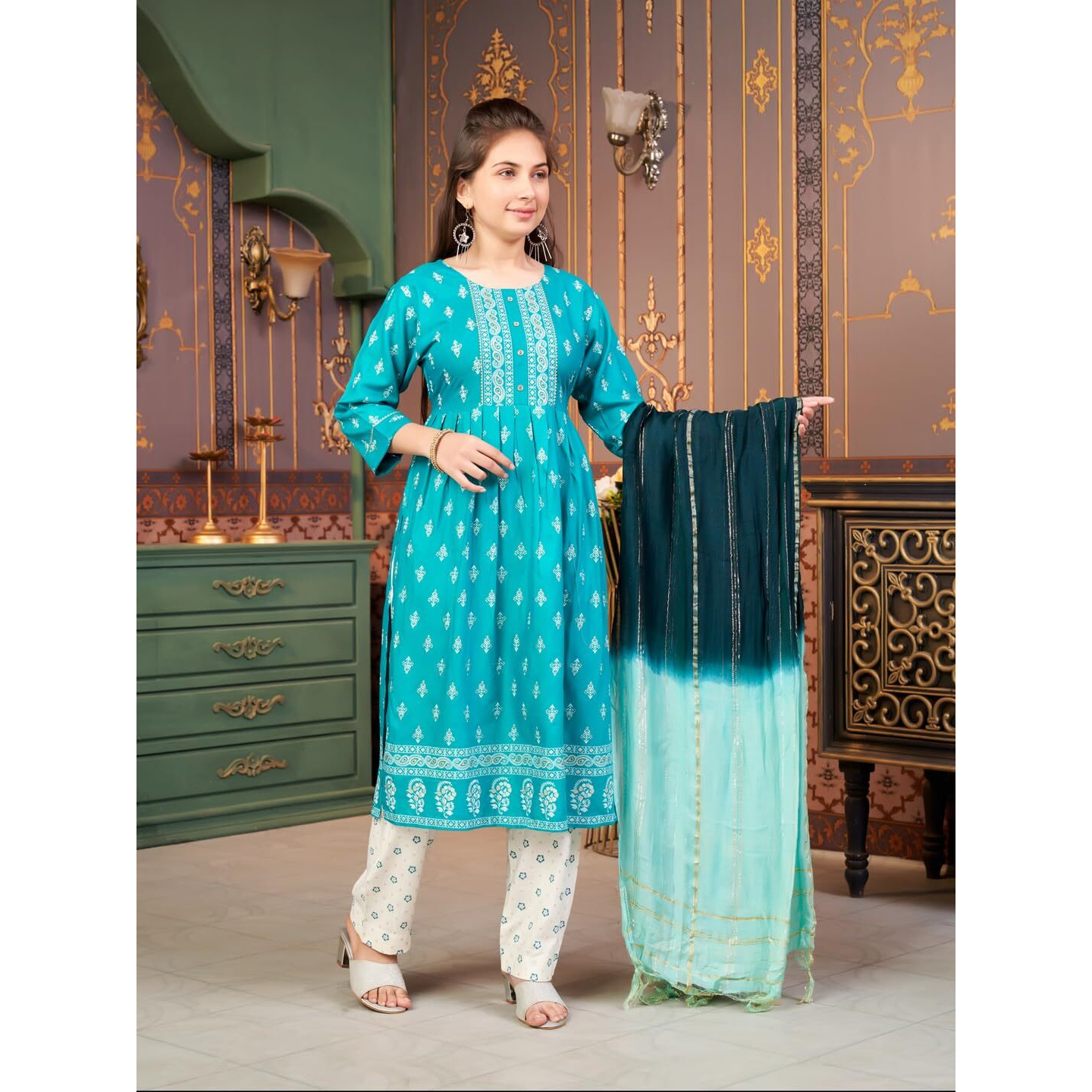 Aarika Girls Ethnic Wear Sea Green-Off White Colour Foil Print Rayon Kurti Pant Set-8-15 Years (Kp-Sd-5889)