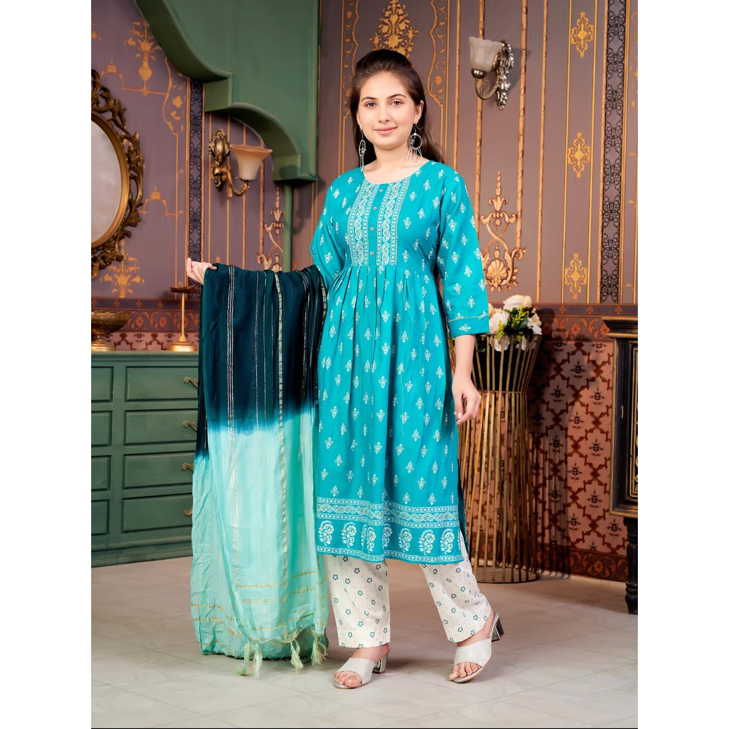 Aarika Girls Ethnic Wear Sea Green-Off White Colour Foil Print Rayon Kurti Pant Set-8-15 Years (Kp-Sd-5889)