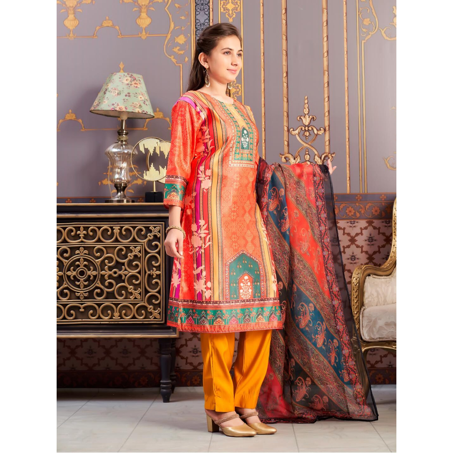 Aarika Girls Ethnic Wear Orange-Mustard Colour Abstract Embalished Satin Kurti Pant Set-8-15 Years (Kp-Tr-K-1041)