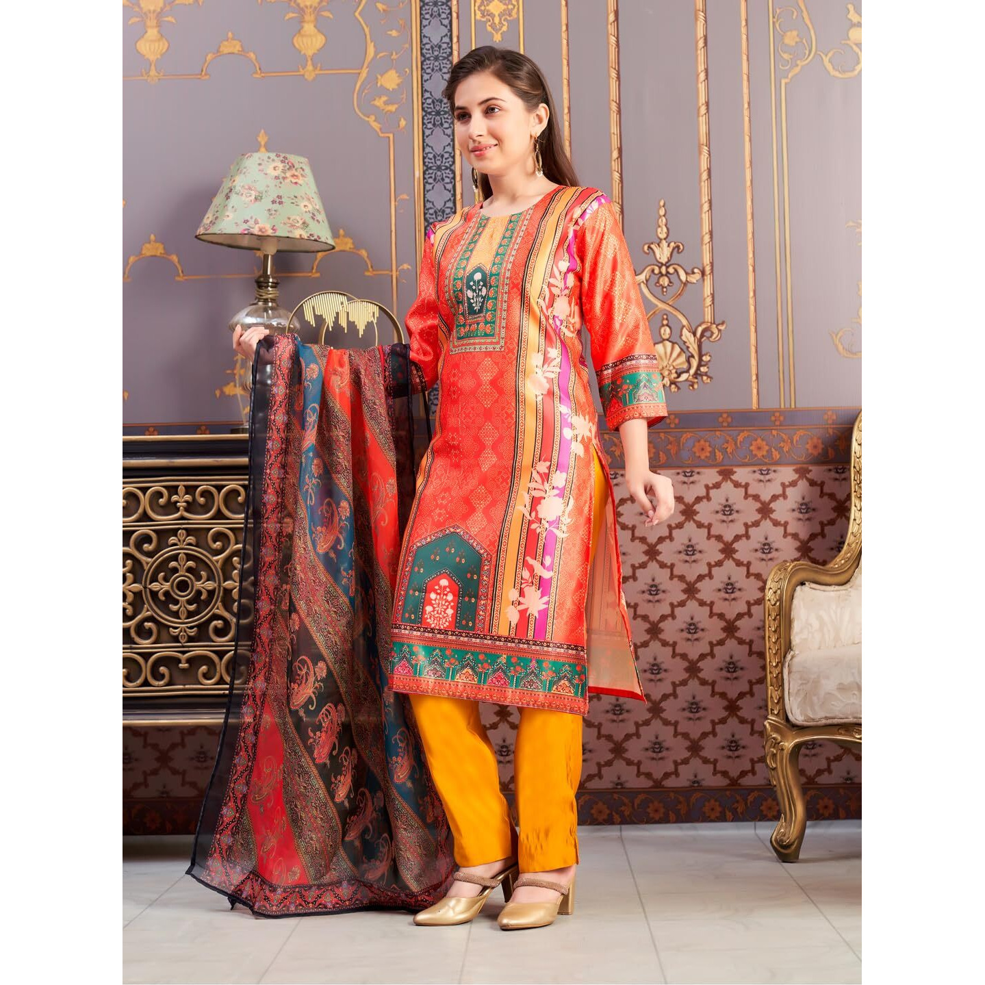 Aarika Girls Ethnic Wear Orange-Mustard Colour Abstract Embalished Satin Kurti Pant Set-8-15 Years (Kp-Tr-K-1041)