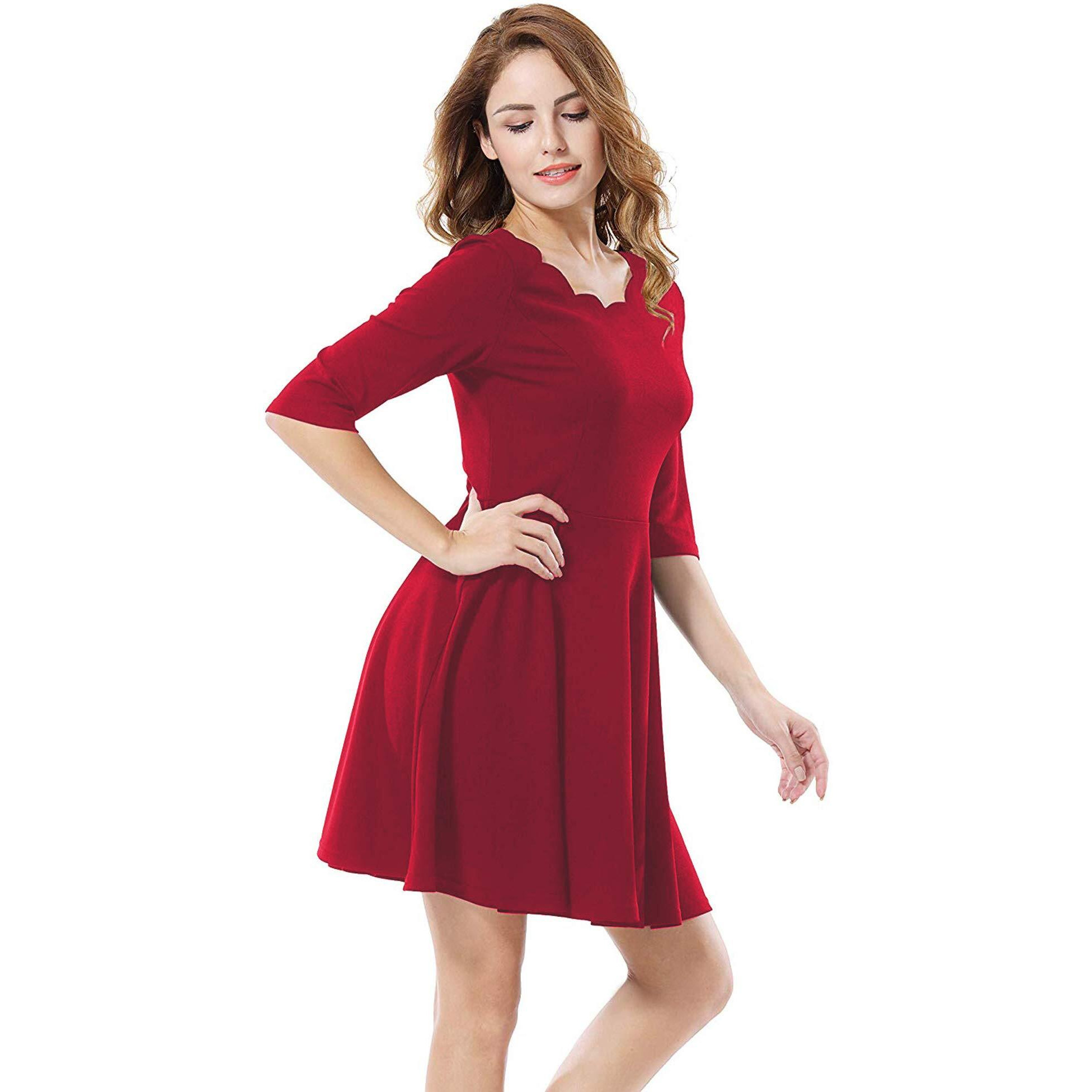 Addyvero Round Neck 3/4 Sleeve Cotton Blend Solid Fit And Flare Knee-Length Women Dress (Red, S)