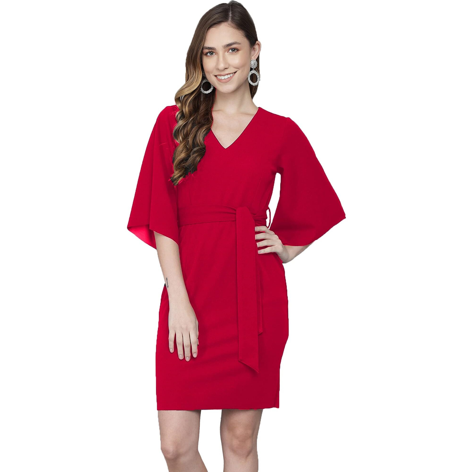 Addyvero V-Neck 3/4 Sleeve Cotton Blend Solid Bodycon Knee-Length Women Dress (Red, M)
