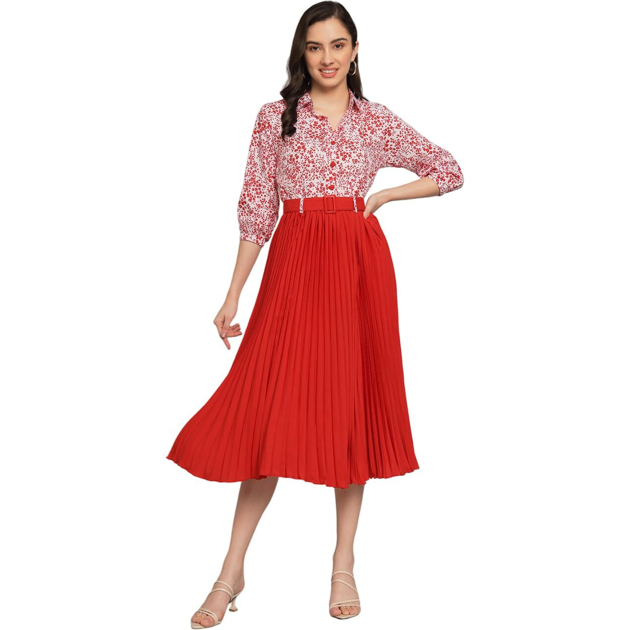 Kzully Women's Print 3/4 Sleeve Pleated Midi Dress With Belt Red