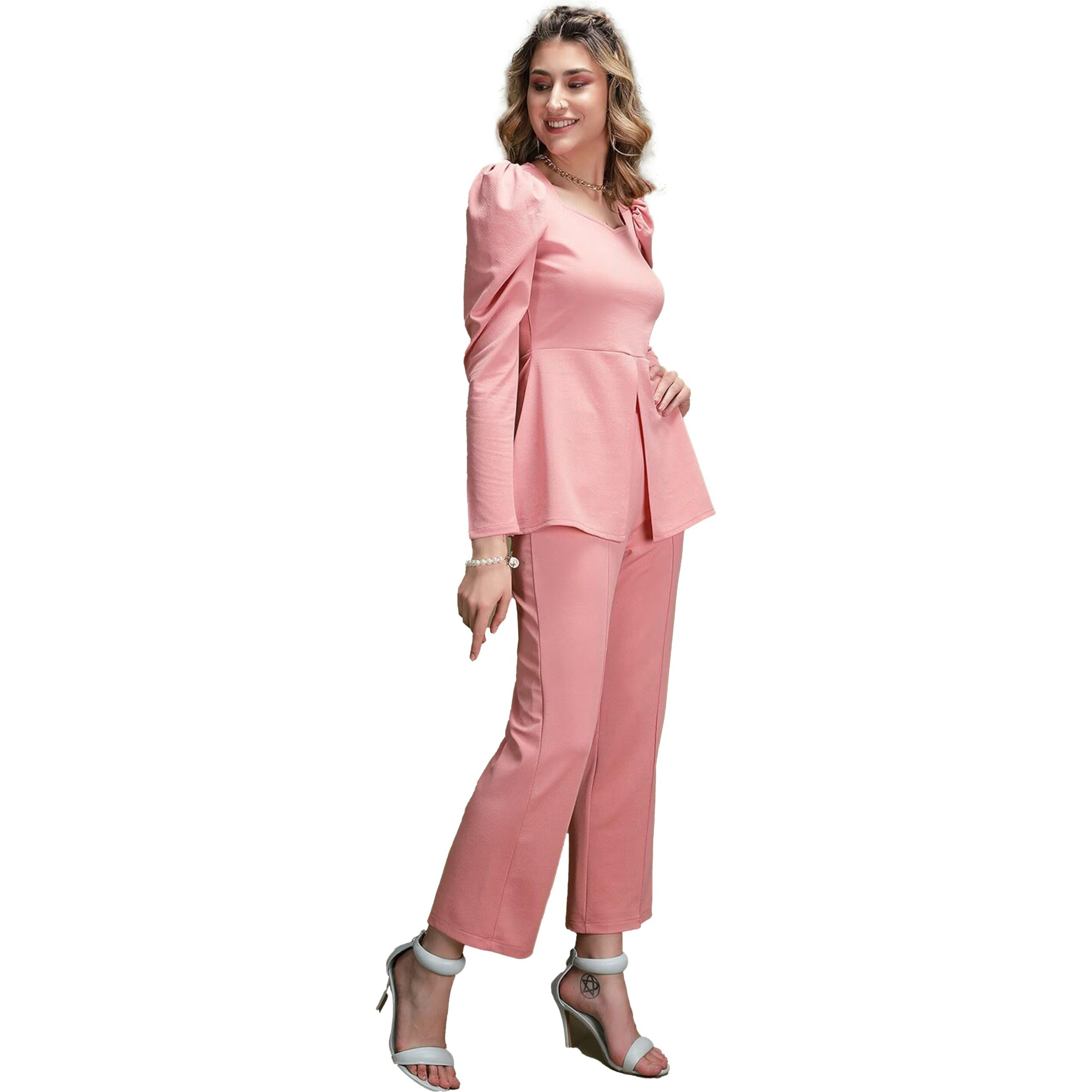 Elliti Solid Relaxed Fit Full Sleeve Co-Ord Set For Women's | Coord Sets | Top And Formal Trouser Co Ord Set For Women (Set Of 2 Piece) (Size M) (Color Peach)