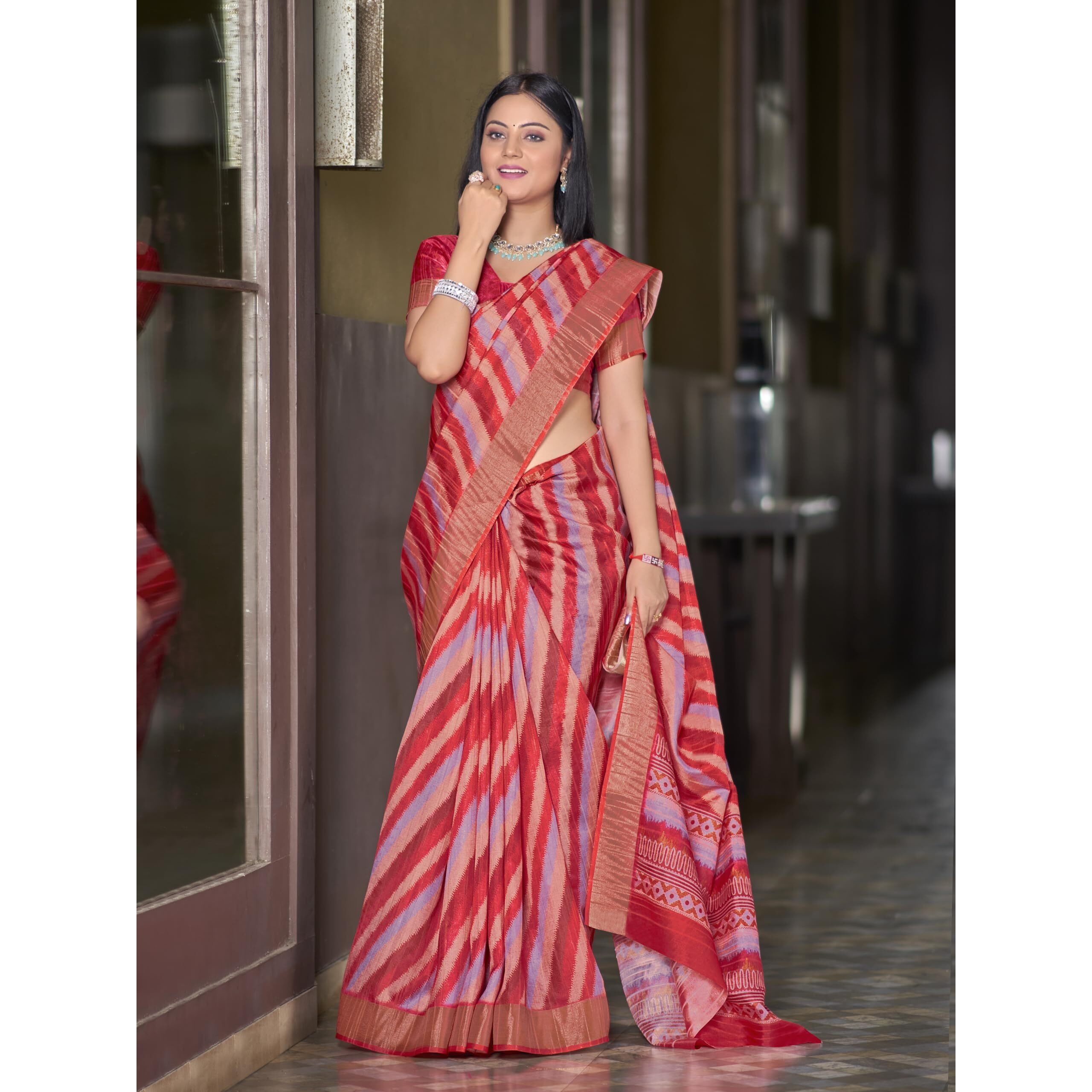 Glory Sarees Women's Tussar Silk Leheriya Printed Saree With Blouse Piece (Leheriya_Saree_103_Red)