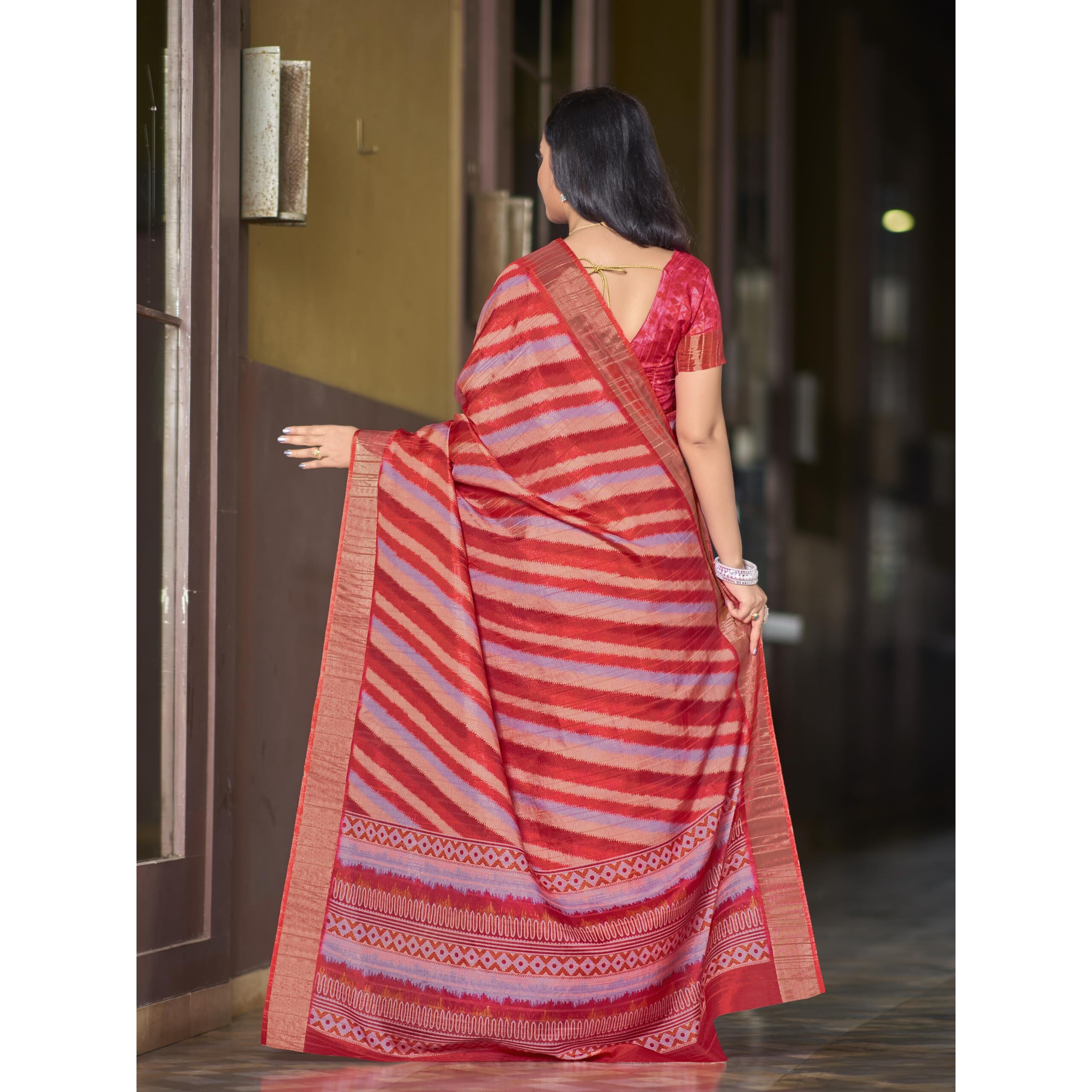 Glory Sarees Women's Tussar Silk Leheriya Printed Saree With Blouse Piece (Leheriya_Saree_103_Red)