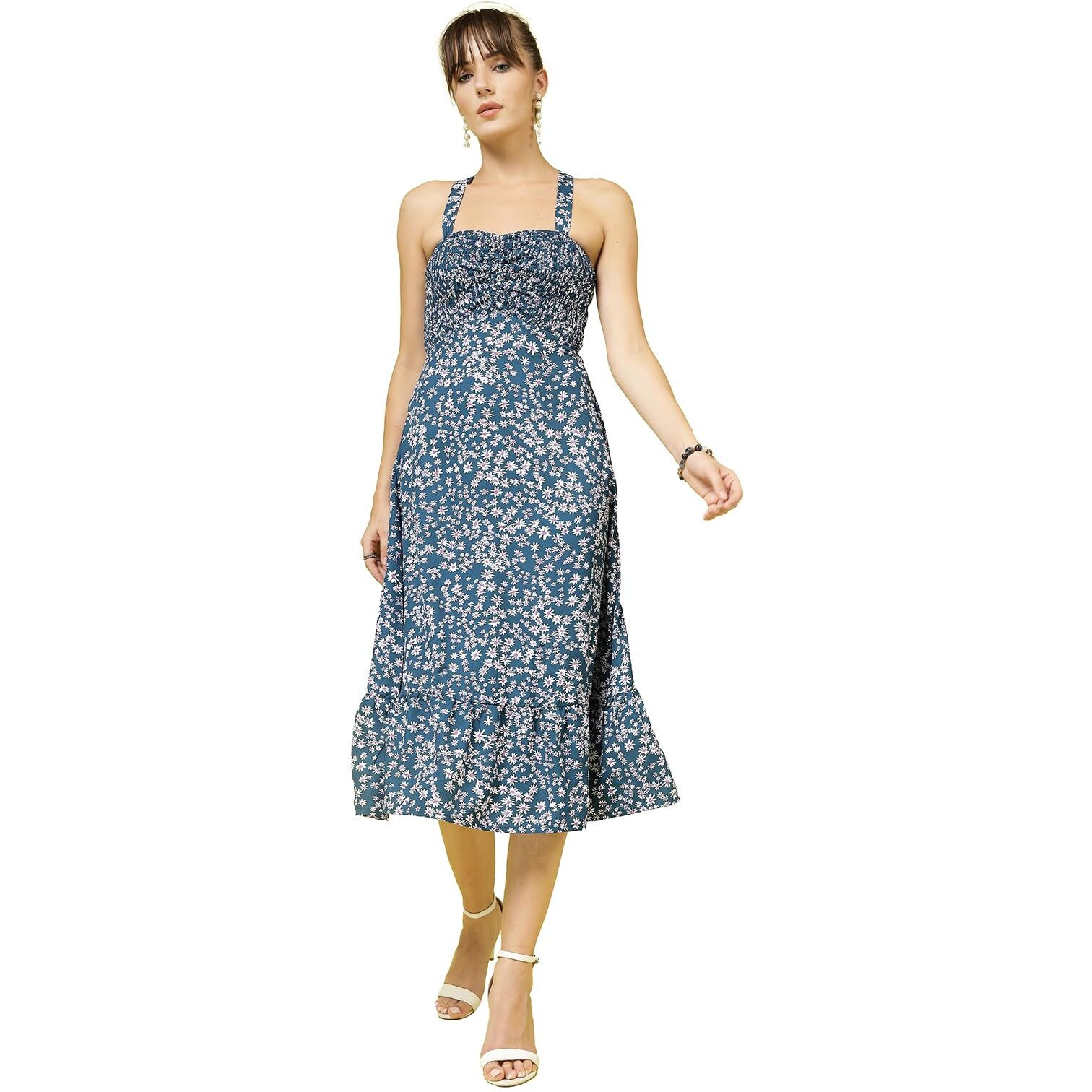 Oomph Women's Western & Fusion Wear Printed Crepe Dress For Women, Smocked Bodice, Blue - Md1033