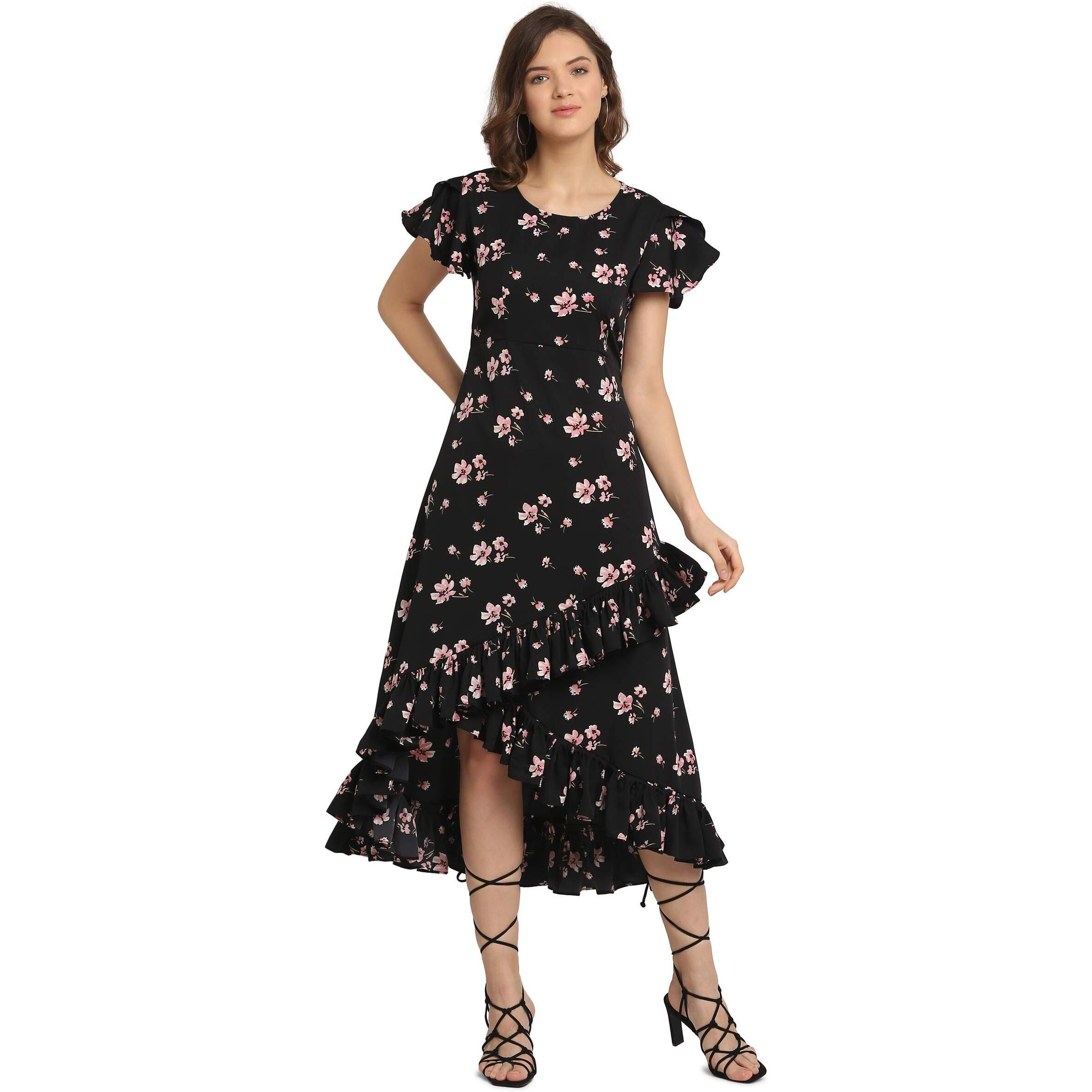 Oomph Dress For Women Stylish| Summer Vacation Style |Floral Print Wrap Maxi |Lightweight Flared Maxi Dress For Casual & Holiday Wear Jet Black