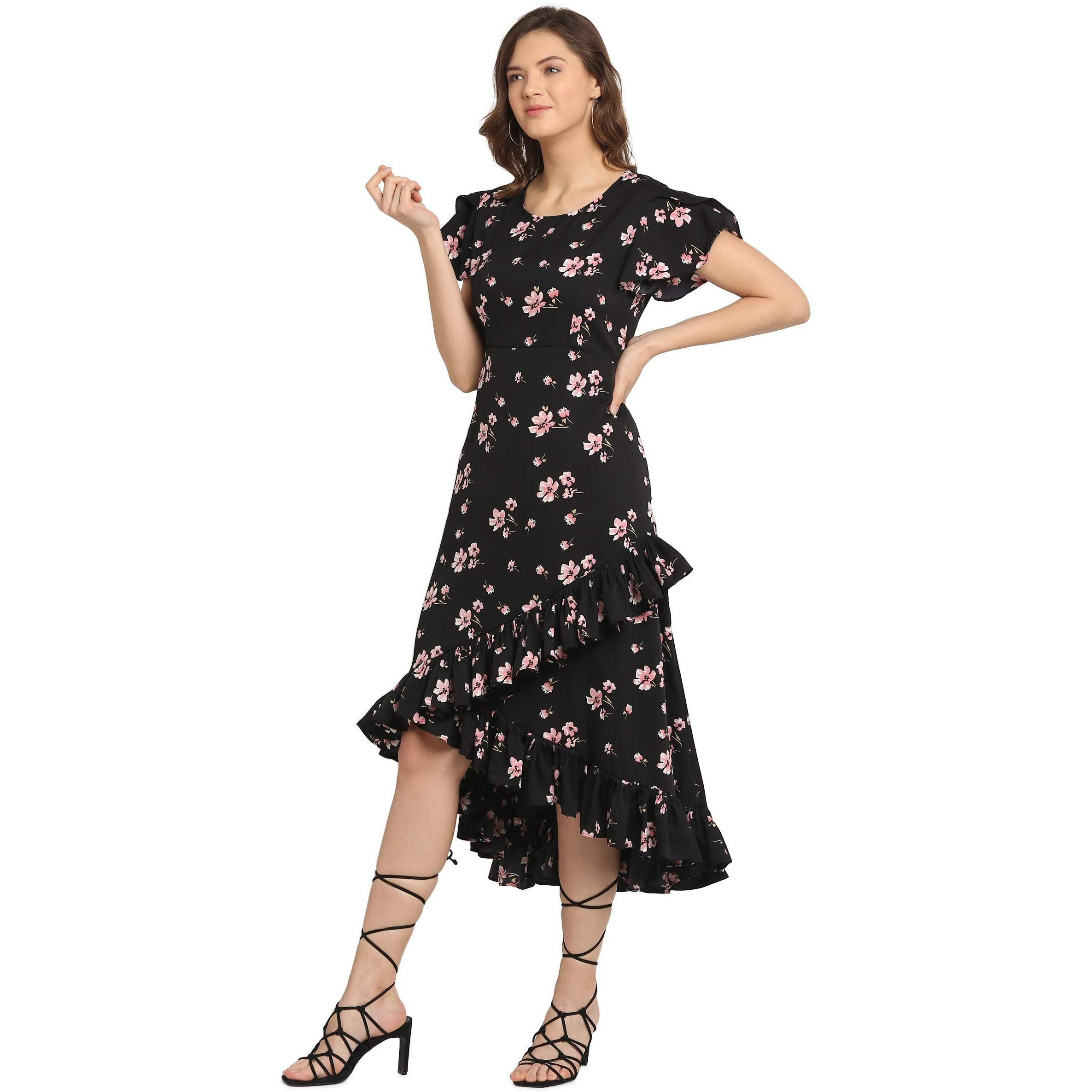 Oomph Dress For Women Stylish| Summer Vacation Style |Floral Print Wrap Maxi |Lightweight Flared Maxi Dress For Casual & Holiday Wear Jet Black