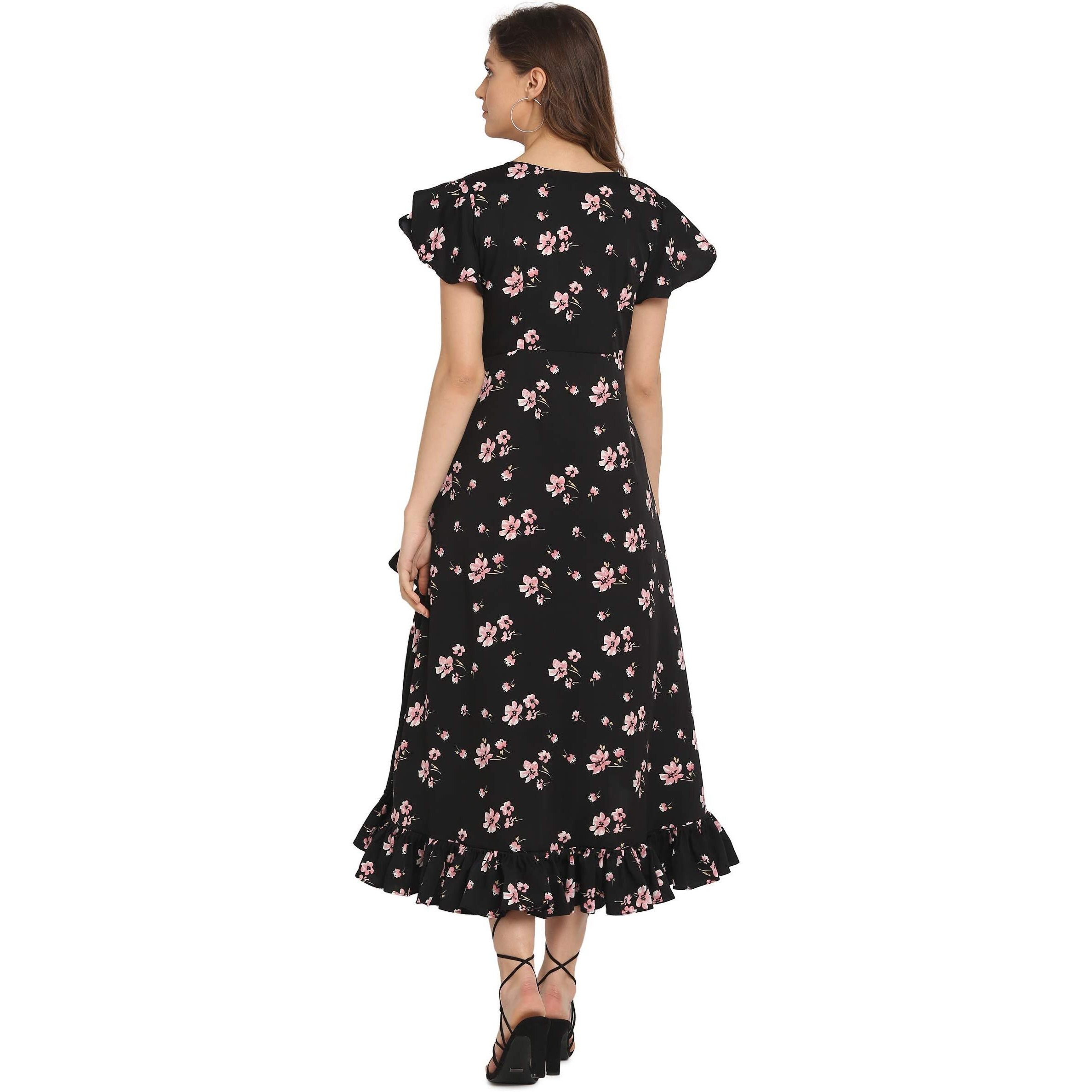 Oomph Dress For Women Stylish| Summer Vacation Style |Floral Print Wrap Maxi |Lightweight Flared Maxi Dress For Casual & Holiday Wear Jet Black