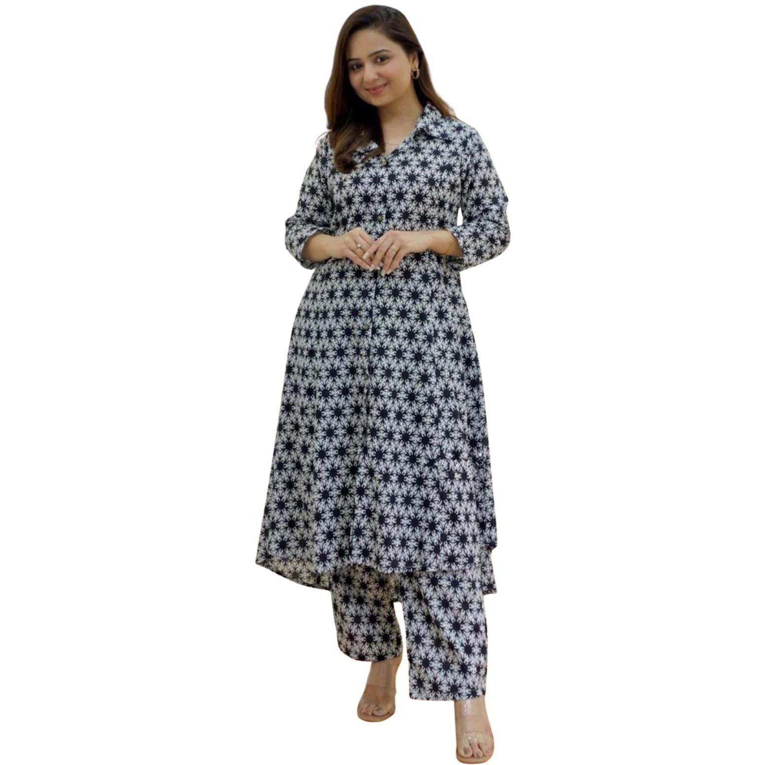 Greciilooks Women's Cotton Blend Floral Regular Fit Kurta Set (Gl-W1836_Black 01_S)