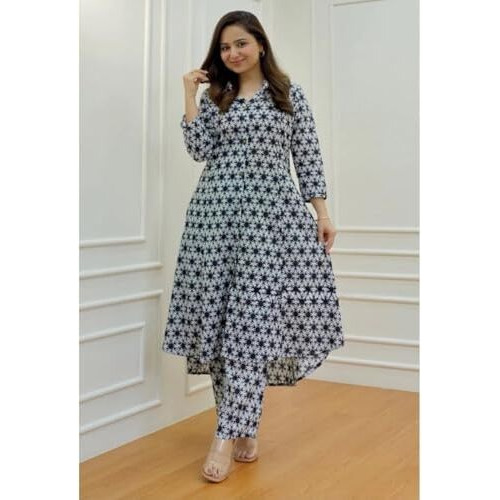 Greciilooks Women's Cotton Blend Floral Regular Fit Kurta Set (Gl-W1836_Black 01_S)