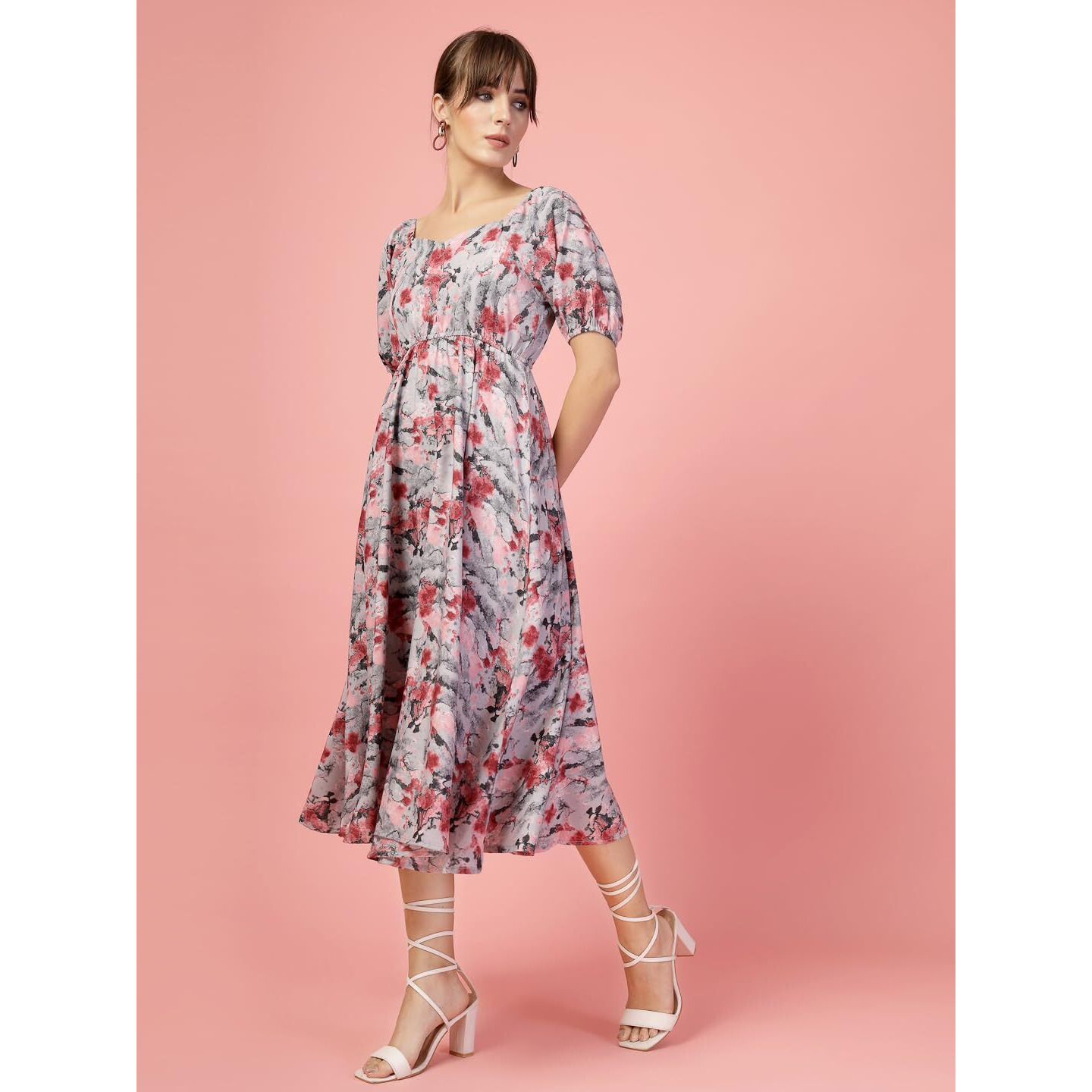 Oomph Flared Dress For Women Stylish | Long One Piece For Women | Puff Sleeve Long Dress | Floral Print Maxi One Piece | Western & Fusion Wear Blush Pink