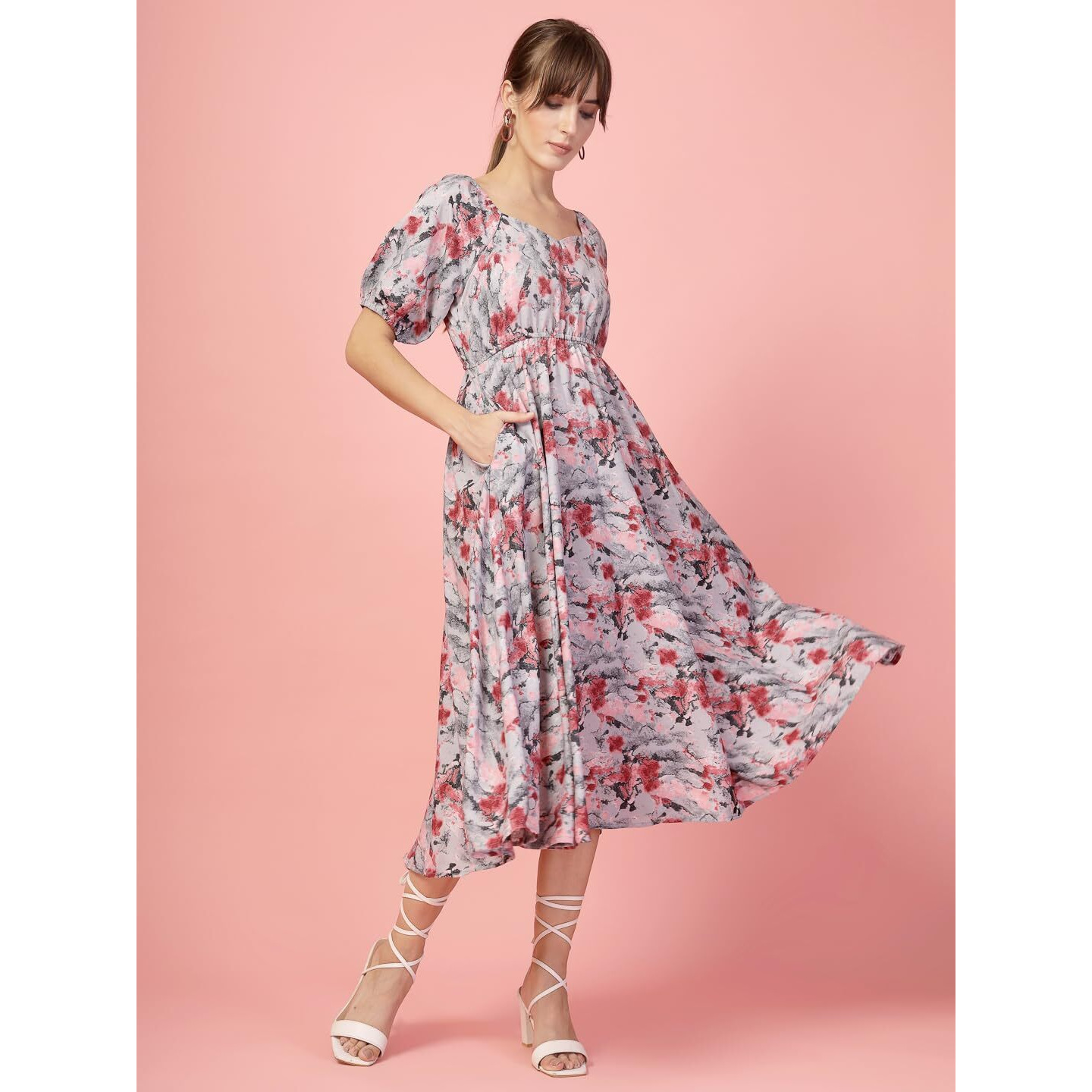 Oomph Flared Dress For Women Stylish | Long One Piece For Women | Puff Sleeve Long Dress | Floral Print Maxi One Piece | Western & Fusion Wear Blush Pink