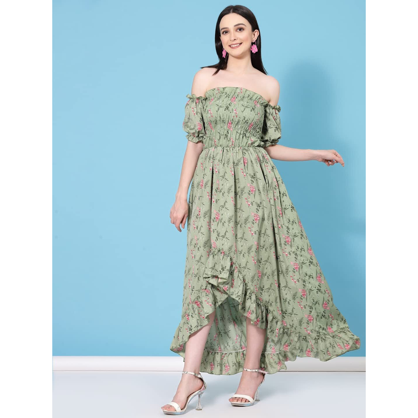 Oomph Flared Dress For Women Stylish | Long One Piece For Women | Off Shoulder Puff Sleeve Long Dress | Floral Print Maxi One Piece | Western & Fusion Wear Bohemian Style