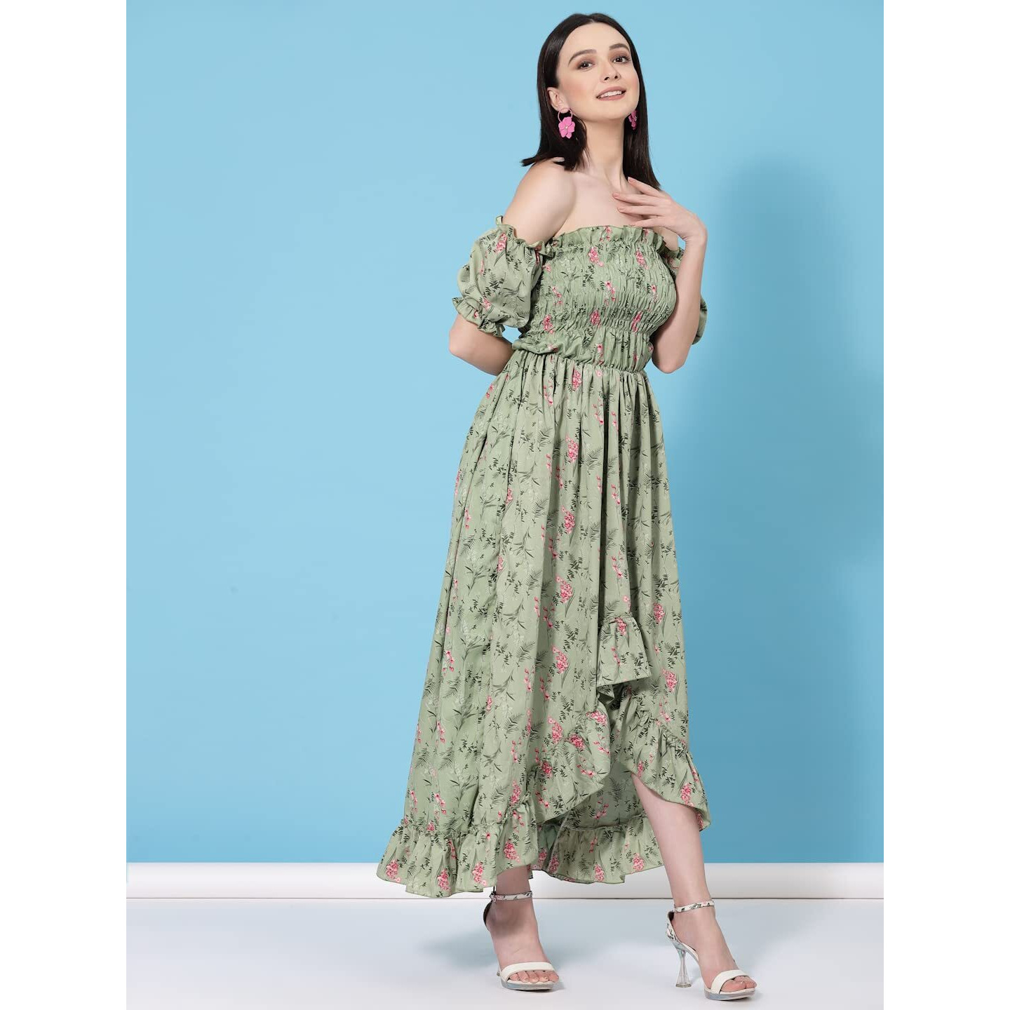 Oomph Flared Dress For Women Stylish | Long One Piece For Women | Off Shoulder Puff Sleeve Long Dress | Floral Print Maxi One Piece | Western & Fusion Wear Bohemian Style