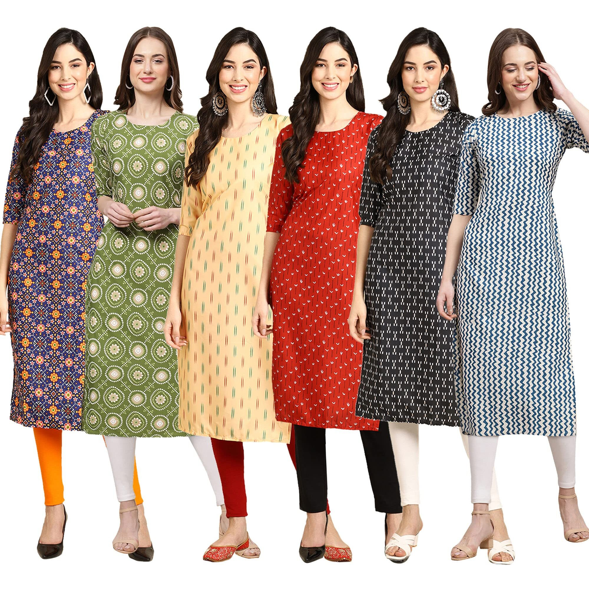 Pinkmint Women's Crepe Digital Print Straight Kurta Pack Of 6 [Cr-369-338-360-370-362-331-M]