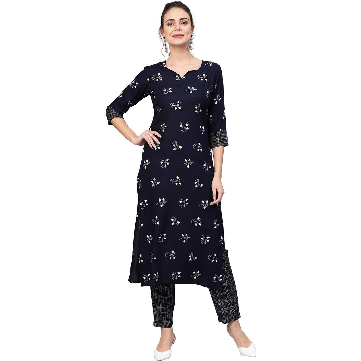 Idalia Women's Navy Blue Khari Gold Print Rayon Kurta Set (Navy Blue, Xl)