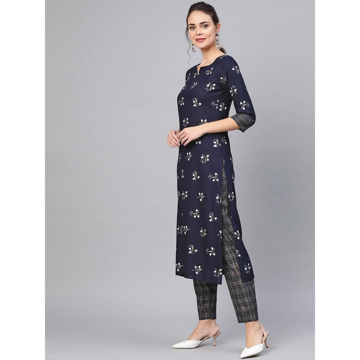Idalia Women's Navy Blue Khari Gold Print Rayon Kurta Set (Navy Blue, Xl)