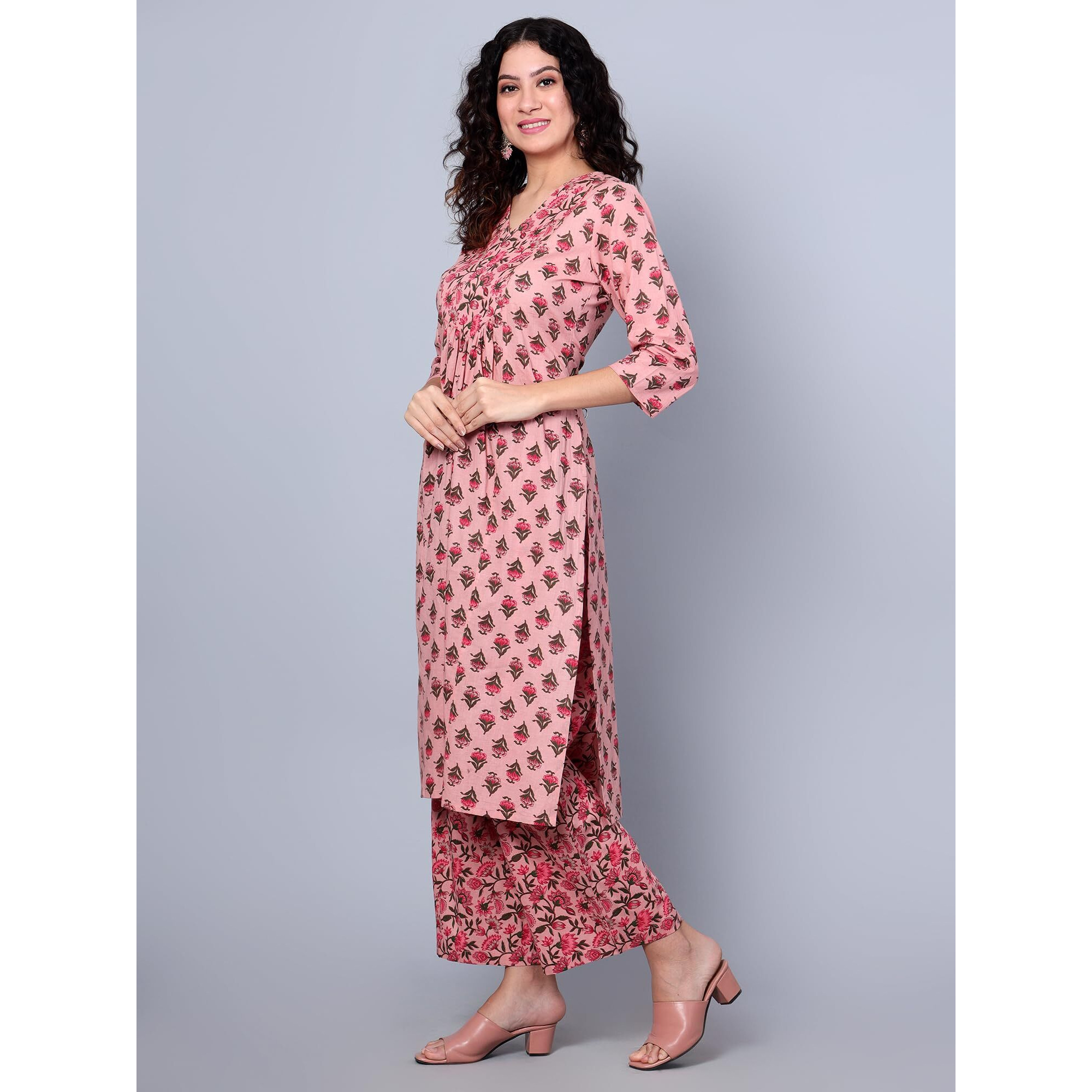 Idalia Light Green, White, Pink Floral Printed Cotton Kurta With Pant Set - Perfect Ethnic Dress For Women