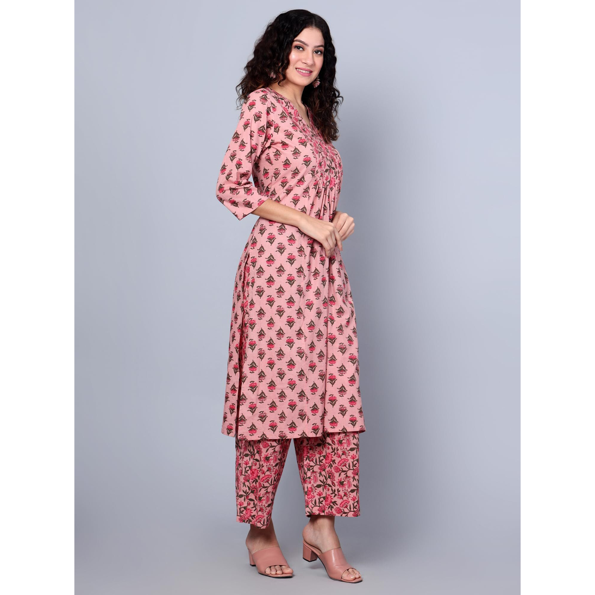 Idalia Light Green, White, Pink Floral Printed Cotton Kurta With Pant Set - Perfect Ethnic Dress For Women